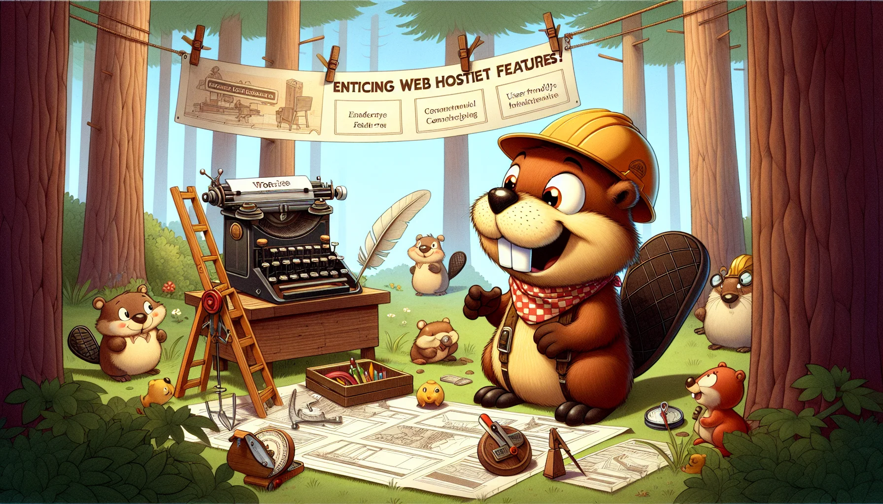 Imagine a humorous scenario where a cute Anthropomorphic beaver, known for his construction skills, is using an array of vintage tools like a typewriter, compass, and quill pen to build a 'website'. The beaver wears a hard hat, with blueprints spread out in front of him highlighting user-friendly features. The setting is in a playful forest with other animals gathered around, watching in awe as the beaver 'constructs' the website. A banner in the background, hung between two tall trees advertises 'Enticing Web Hosting'. This scene brings together the charm of nature and the world of website building in a delightful mix.