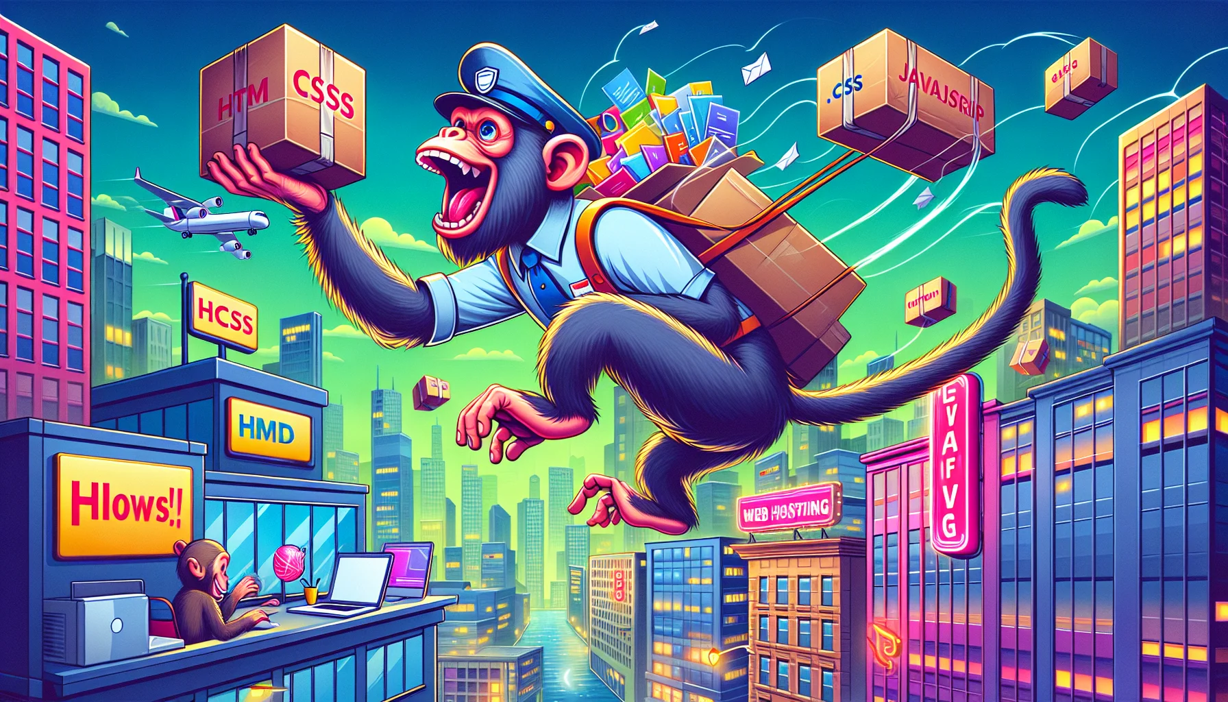 Design a humorous and lifelike scenario depicting a generic website builder. Display a primate, dressed in a postman uniform, enthusiastically delivering packages labeled with technological terms such as 'HTML', 'CSS', 'JavaScript', and 'Web Hosting'. This scene is set in a vibrant cityscape with tall buildings and neon signs advertising digital services. Show this playful primate hopping from building to building, throwing packages down to happy customers waiting below with laptops open, ready to build their own websites.