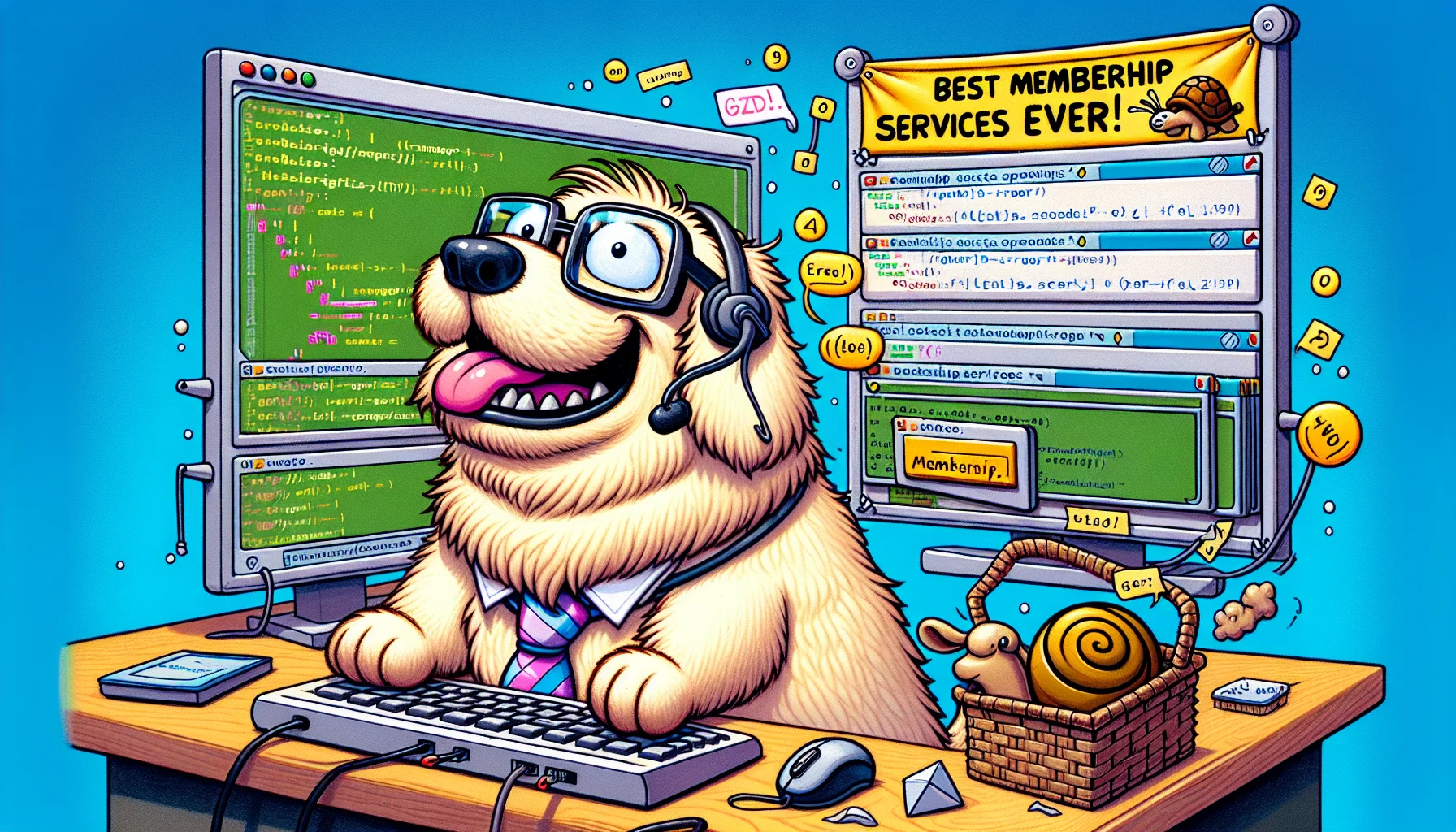 Imagine a humor-filled scenario with a cartoon animal—a chubby golden retriever with glasses and a tie. The dog is sat at a high-tech computer desk, operating an intricate panel of screens displaying code and web designs. The screens show multiple stages of a membership website being created. The retriever, donned with a headset and microphone, grins excitedly at the progress being made, while a banner hangs overhead declaring 'Best Hosting Services Ever!'. Various comedic elements could include little error pop-ups being swatted away by the retriever's paw or a progress bar that's moving with a tortoise symbol next to it.