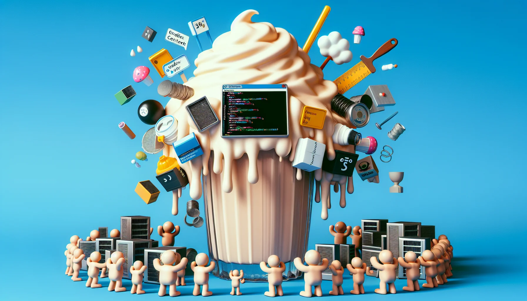 Create a humorous image of a digital design scenario. Visualize a giant, frothy milkshake metaphorically representing a website builder tool. The milkshake overflows with ingredients related to web design: symbols of coding languages, graphics, text content, media files, all blending in with the milkshake. Surrounding the milkshake, show some happy, random web hosting servers represented as miniature, anthropomorphic figures (with no specific gender or descent), excited by the massive, overflowing milkshake, ready to host the new delicious-looking website.