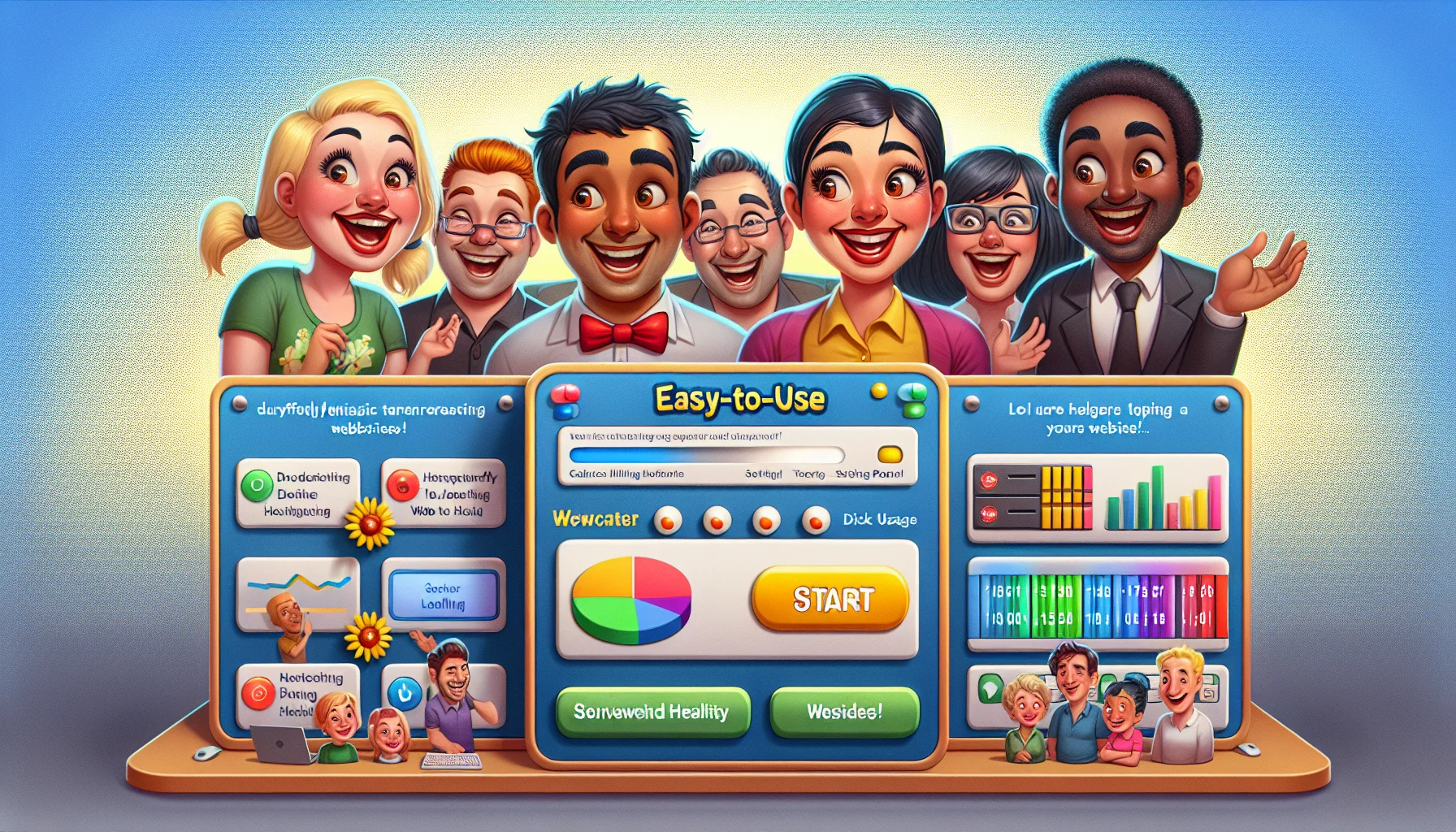 Create a humorously enticing scenario of an easy-to-use web hosting control panel. The image should convey a playfully yet hyper-realistic portrayal of the interface's user-friendliness, where the tabs and icons are joyfully animated characters helping a diverse group of users. The users should include a Caucasian male software engineer, a Hispanic female entrepreneur running her own business, and a Black male teacher incorporating the use of websites in his pedagogy. The control panel should have a big inviting 'start' button along with various widgets simulating server health, disk usage, and other common web hosting parameters.