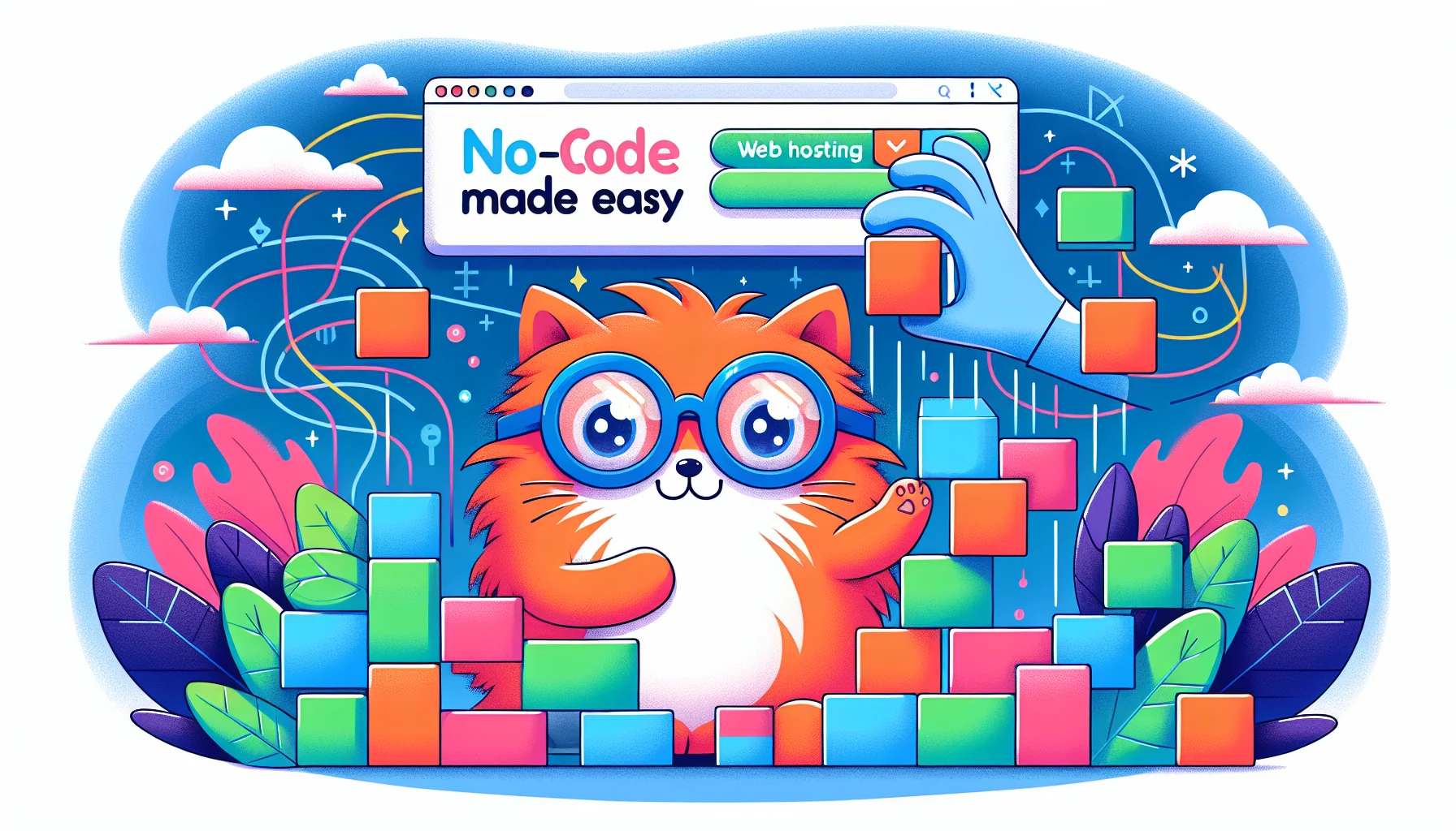 Design an amusing scenario depicting a no-code website builder. In this scenario, a light-hearted character, a fluffy orange, digital cat with glasses, is neatly arranging virtual blocks of different shades of blue and green, representing the elements of the website. A banner floats above, displaying the slogan, 'web hosting made easy', in whimsical, bright-colored letters. The background is an abstract representation of the internet world with flowing lines of data, hinting at the ease and hassle-free process of creating websites without any coding requirements.