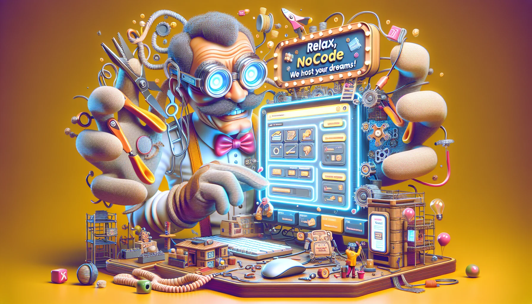 Craft a humorous and highly detailed scene depicting an imaginary nocode website builder. The builder could appear as a quirky, whimsical character with giant glasses, large rubber gloves, and armed with tools such as a giant mouse and keyboard. This character is working on an exaggerated glowing screen displaying components of a website, humorously assembling it with a sense of charm and efficiency. The background includes a playful banner alluding to the concept of web hosting. It might say something like 'Relax, we host your dreams!', sparking laughter and interest.
