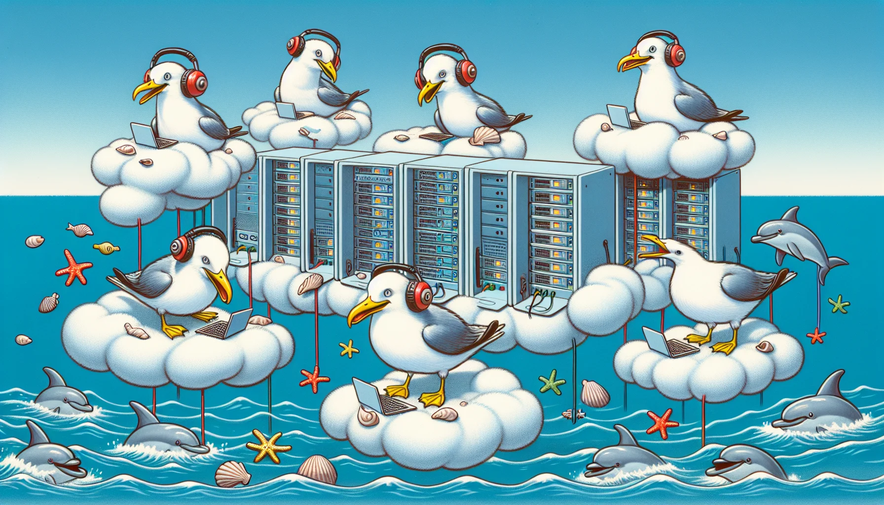 Create a humorous scene showcasing offshore cPanel hosting. There are a few seagulls wearing headphones, surrounded by floating cloud-shaped servers in an ocean setting. These seagulls are frantically clicking and typing on mock computer systems made from seashells and starfish. Each one of them is sitting on individual fluffy clouds acting as floating desks. Below them, happy dolphins are playing amongst the waves, poking their heads out of the water to observe the seagulls' antics. Use this as an abstract and funny representation of web hosting services.