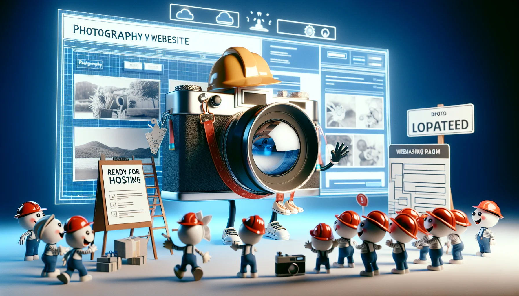 Imagine a humorous scene, where an anthropomorphic camera character is enthusiastically building a photography website. It’s wearing a small hard hat and looking at a blueprint that says 'Photography Website' on it. There's a blueprint of a website landing page, full of design elements like a header, image sliders, and gallery sections. Nearby, a group of small caricatures symbolizing images, videos, and other media files, are cheerfully waiting in a queue to be uploaded. They're holding a banner that says 'Ready for Hosting'. The entire scene is set against a sleek, digital backdrop to accentuate the technological context.