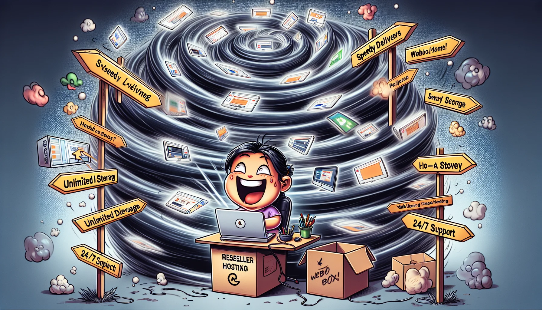 Imagine a hilarious scene showcasing the concept of reseller hosting. In the middle of the scene, an excited character, an Asian woman, sits in front of a computer screen, which displays a digital whirlwind of websites swirling around in motion. She's laughing joyfully as a handful of 'website' icons fly from the screen into a box labeled 'Hosting Box.' Next to her, a humorous signpost contains arrows pointing in various directions, marked with terms like 'Speedy Deliveries,' 'Unlimited Storage,' and '24/7 Support.' It's a light-hearted take on web hosting, making the process seem fun and easy.