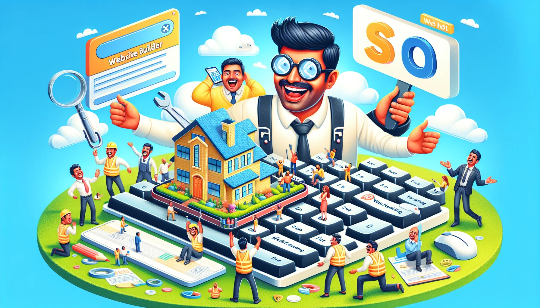 Create a humorous and detailed image that illustrates the concept of SEO Website Builder. Picture a cartoonish South Asian man, with a broad smile on his face, holding a large 'SEO' toolbox. There should also be a gargantuan keyboard in the background depicting the 'Website Builder'. On the keyboard, miniature people are working together to construct a website. A banner should float above the whole scenario, carrying an enticing offer for 'Web Hosting', perhaps visualized as a cloud with a house sitting safely on top. The image should be bright, engaging, and visually explain the process of SEO and website building in a fun way.