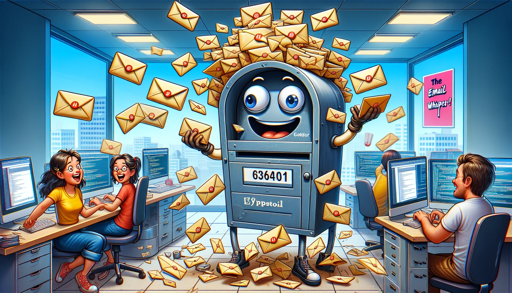 Create a humorous and engaging image encapsulating the spirit of email hosting in the world of web development. Picture a cartoon-style scene set in a buzzing office space. A mailbox as the main character, with eyes and a broad smile, effortlessly juggling multiple envelopes, each marked with '@' symbols. To the side, a Caucasian female coder chuckles at the spectacle while engrossed in her multiple computer screens, code snippets floating around. Poster on the wall humorously exclaiming 'The Email Whisperer!' adds a subtext to the light-hearted chaos unfolding.