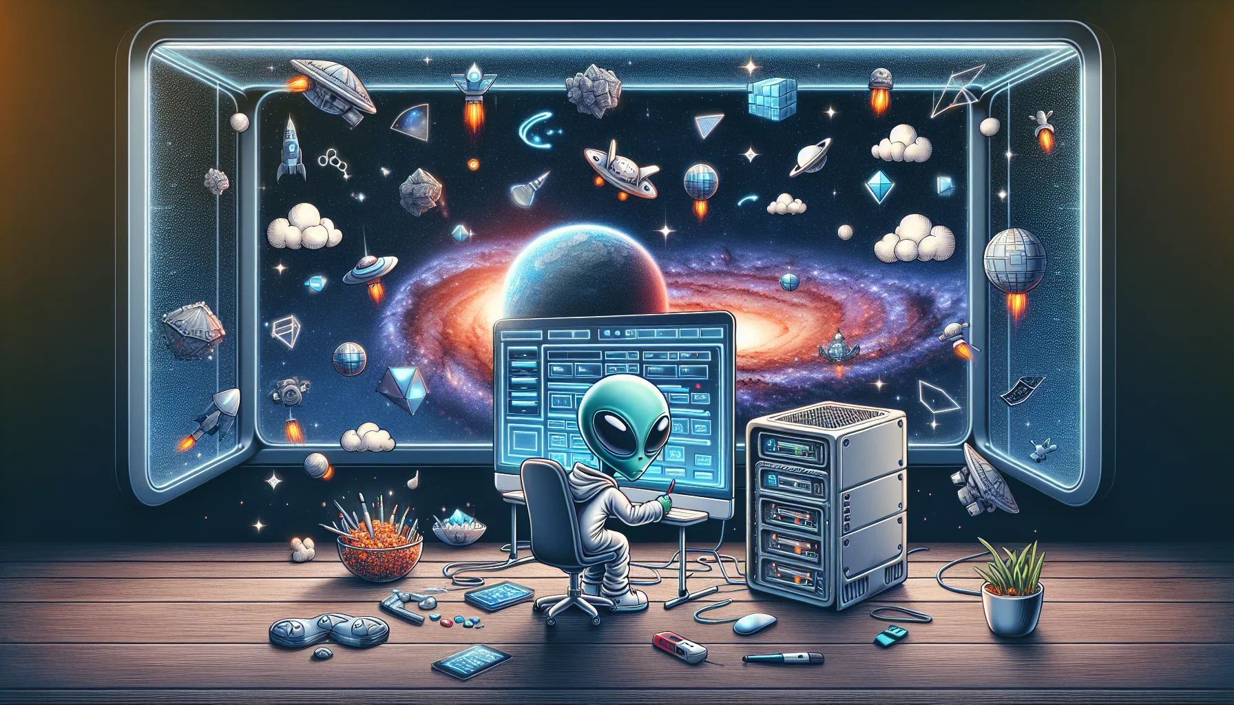 Create an intricately detailed and humorous scene highlighting a universe website builder application. The scenario includes an amiable cartoonish alien of undefined descent, using the software to design a stylish website on its futuristic-looking computer. The alien is surrounded by floating digital shapes and designs, symbolizing different website elements. In the background, there's a stunning view of a starry galaxy seen through a large spacecraft window, highlighting the cosmic theme. Right next to the alien is a comical miniature model of a data center, symbolising web hosting services, with small pixelated clouds fluttering above it.