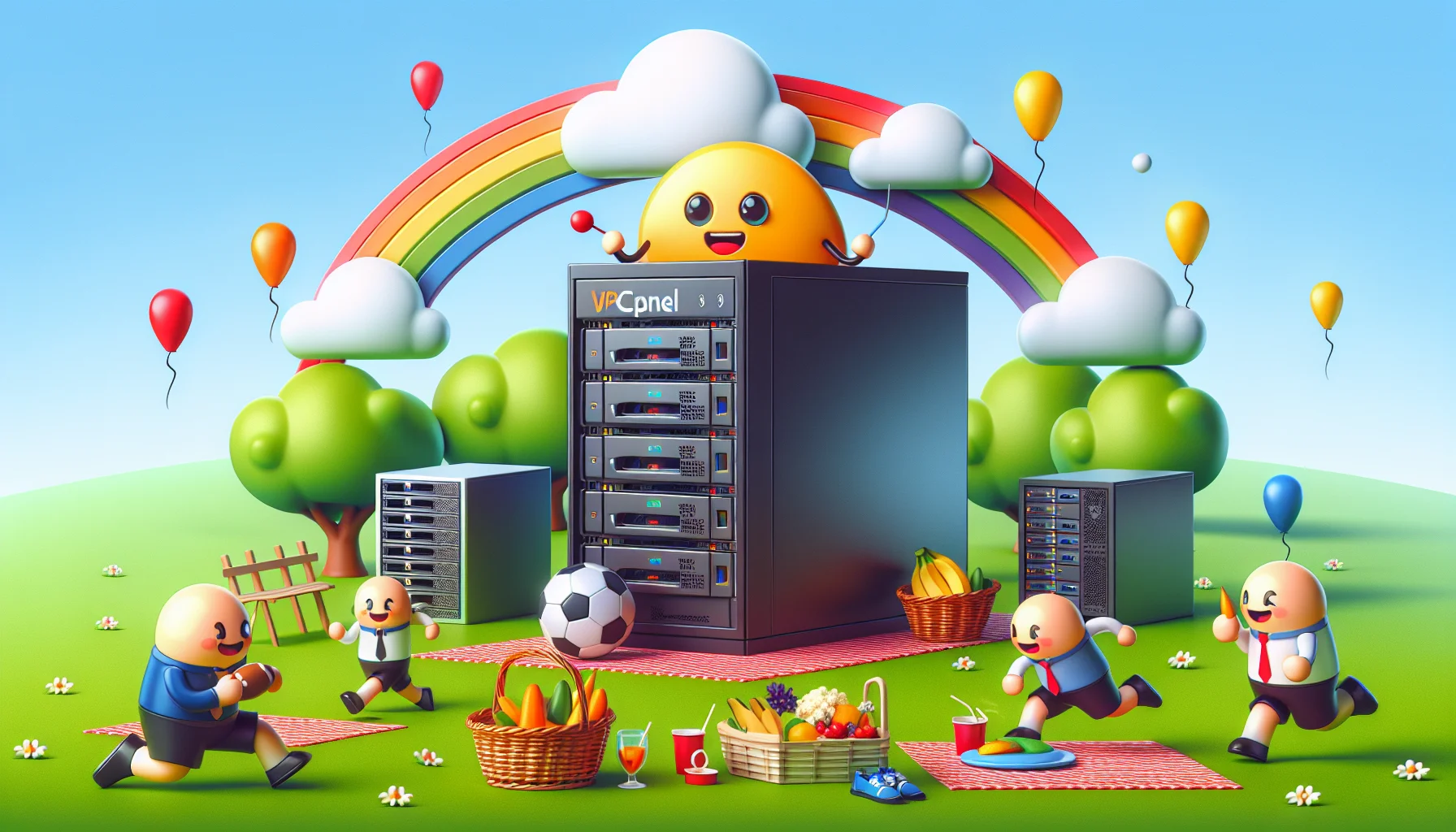 Create a humorous, realistic image showcasing a visual representation of a typical VPS cPanel. Imagine it in a comical situation, as if it's a cartoon character having a picnic. Alongside it, show several web hosting related objects like servers and cloud icons engaging in fun activities, for instance playing football or having a race. The entire scene should be lively and should exude an inviting vibe to pique interest in web hosting services. The elements in the image should be vivid with contrasting colors to help them stand out.