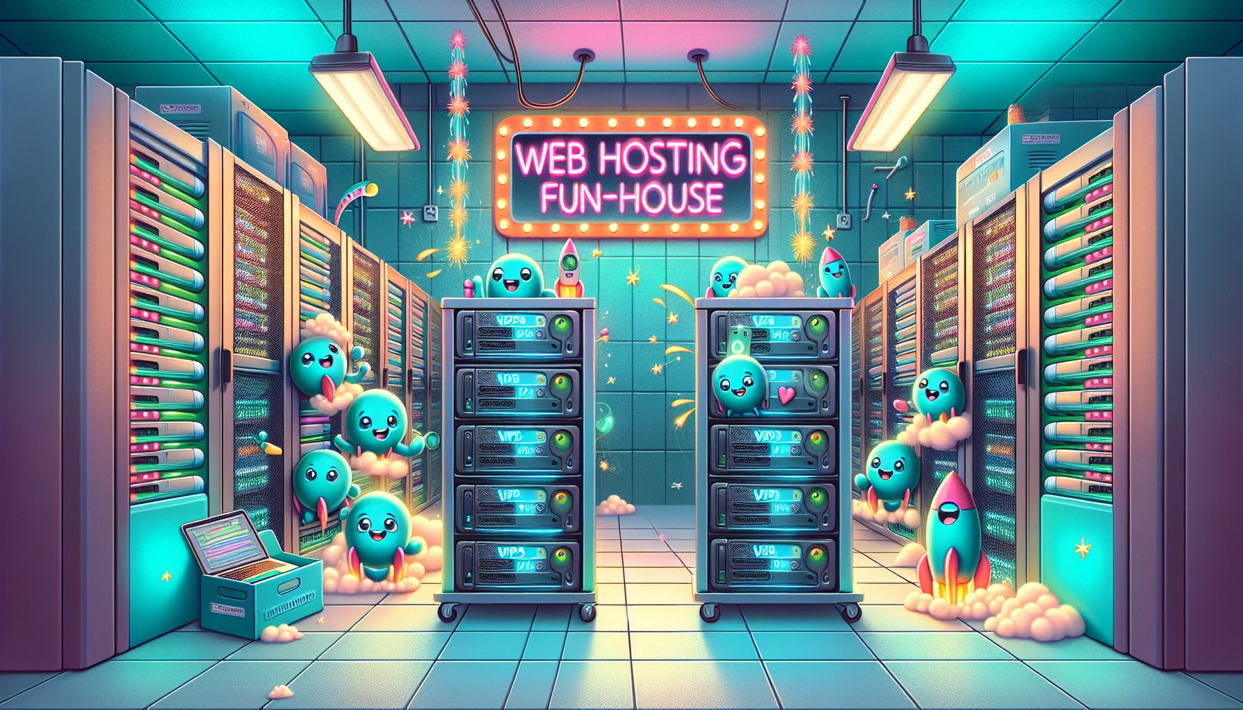 Create a whimsical image showcasing a series of small, efficient computers arranged on shelves within a server room. These machines are labeled, 'VPS Hosting India'. Paint the room in a color palette vibrant with turquoises and pinks. The computers are animated anthropomorphically with grinning faces and arms opening to welcome users. Burst of sparkles and mini rockets shooting off from the servers signify the high speed and efficiency of the service. Above the server rack, a neon sign that reads 'Web Hosting Fun-house' glows energetically. 