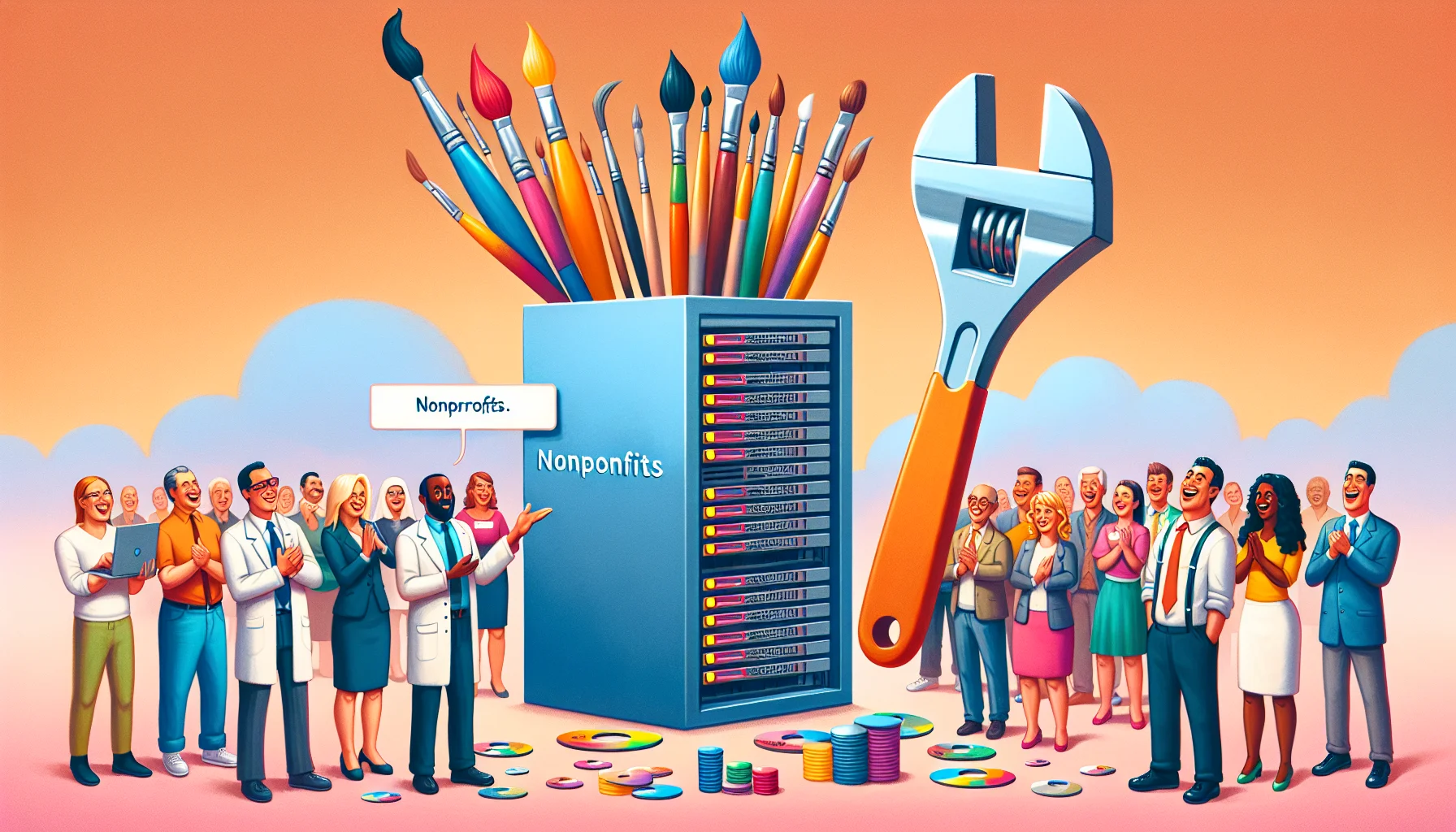 Create a humorous scenario featuring a website builder for nonprofits. Portray this in a realistic style. Show fun metaphorical tools like a vibrant colored paintbrush creating the pages and a massive wrench adjusting the settings. Include charming, cartoony server racks enthusiastically supplying web hosting, with visible, friendly safety measures inplace to display how secure the hosting is. The background can be a soft, inviting gradient to give off a welcoming vibe. Please incorporate a diverse range of human characters representing nonprofits from different professions, with a balanced mix of genders and different descents such as South Asian, Hispanic, and Middle Eastern.