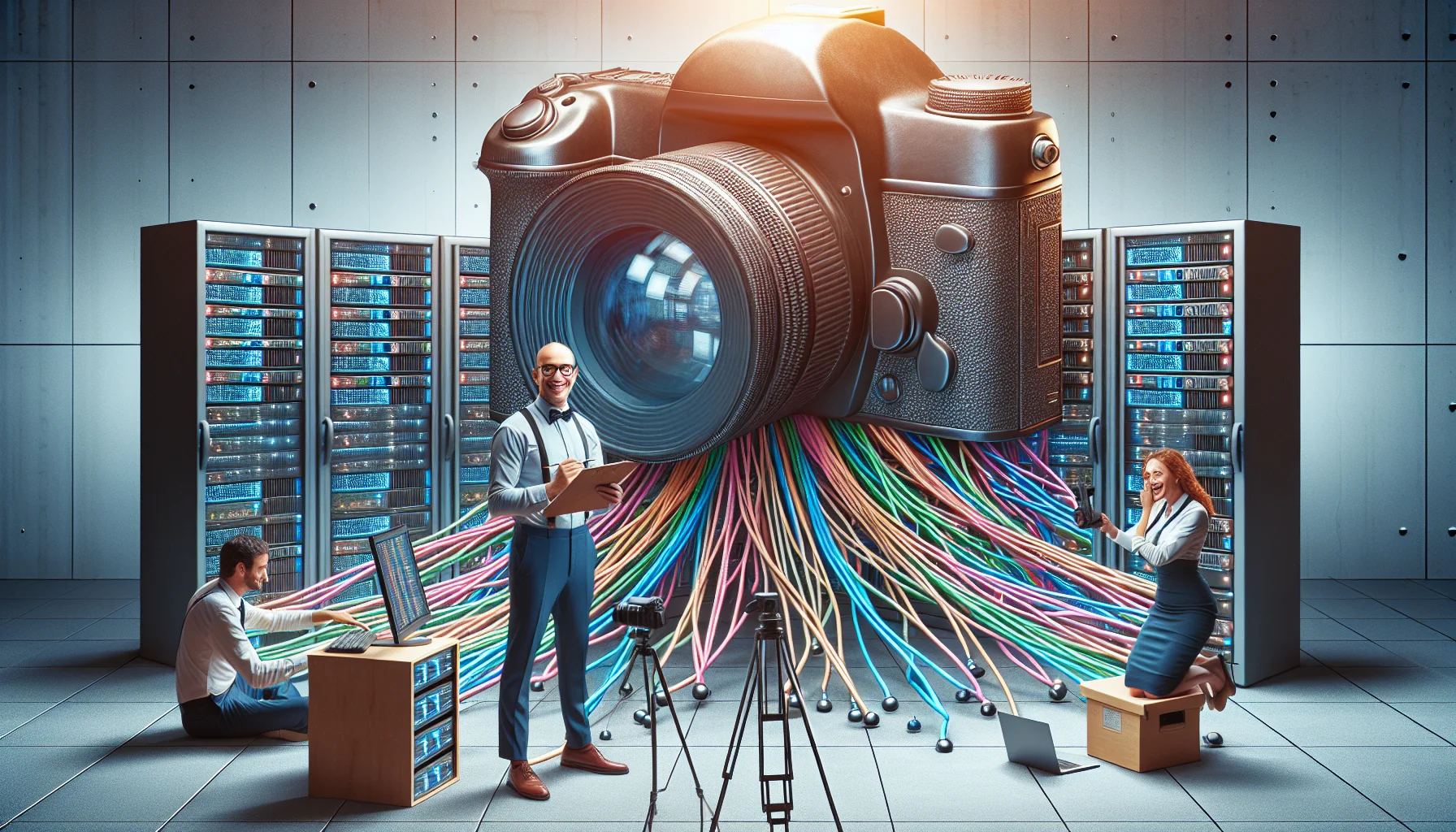 Create a humorous and whimsical scenario displaying a web hosting service targeted towards photographers. Picture an oversized camera with a web of colorful lines emanating from it to represent the World Wide Web. Place this in an environment traditionally associated with web hosting, like server racks, but with a twist: they're in the shape of tripods. In the scene, include two characters who are busy at work managing the connections. A Caucasian male with glasses, holding a clipboard, and a Hispanic female using a laptop, both laughing and exchanging banter. The ambiance should be buoyant and enticing.