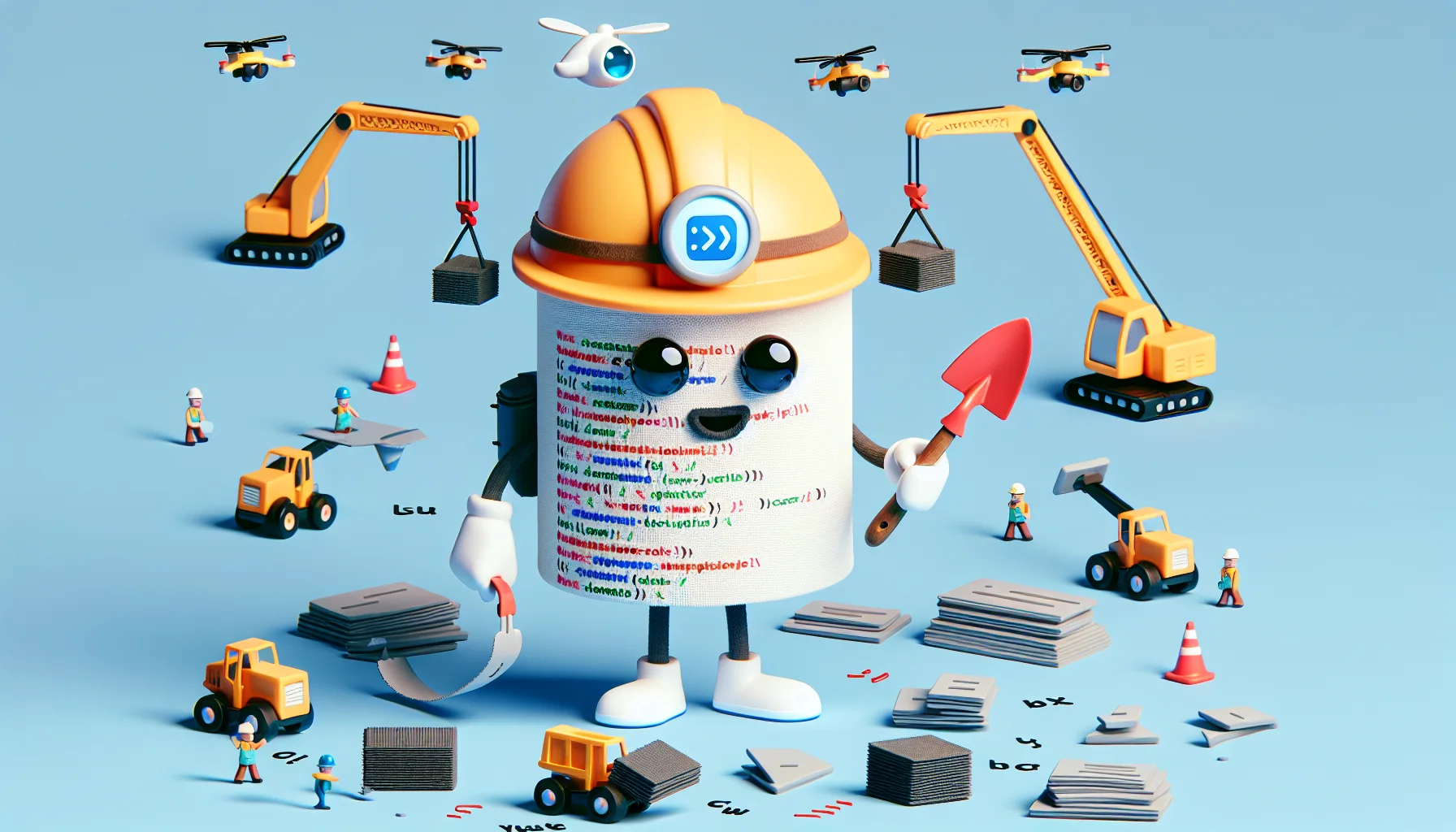 Generate a whimsical image of a character representing a generic website building platform. This character is a mixture of a builder and a web designer, wearing a hard hat with code symbols on it and holding a trowel in one hand and a computer mouse in the other. Around him, miniature cranes are lifting HTML tags into place while tiny drones are transporting images and videos for multimedia integration. The scenario is humorous and attractive, and subtly sows the seed of the thought that the consumption of web hosting services is an enjoyable and creative task.