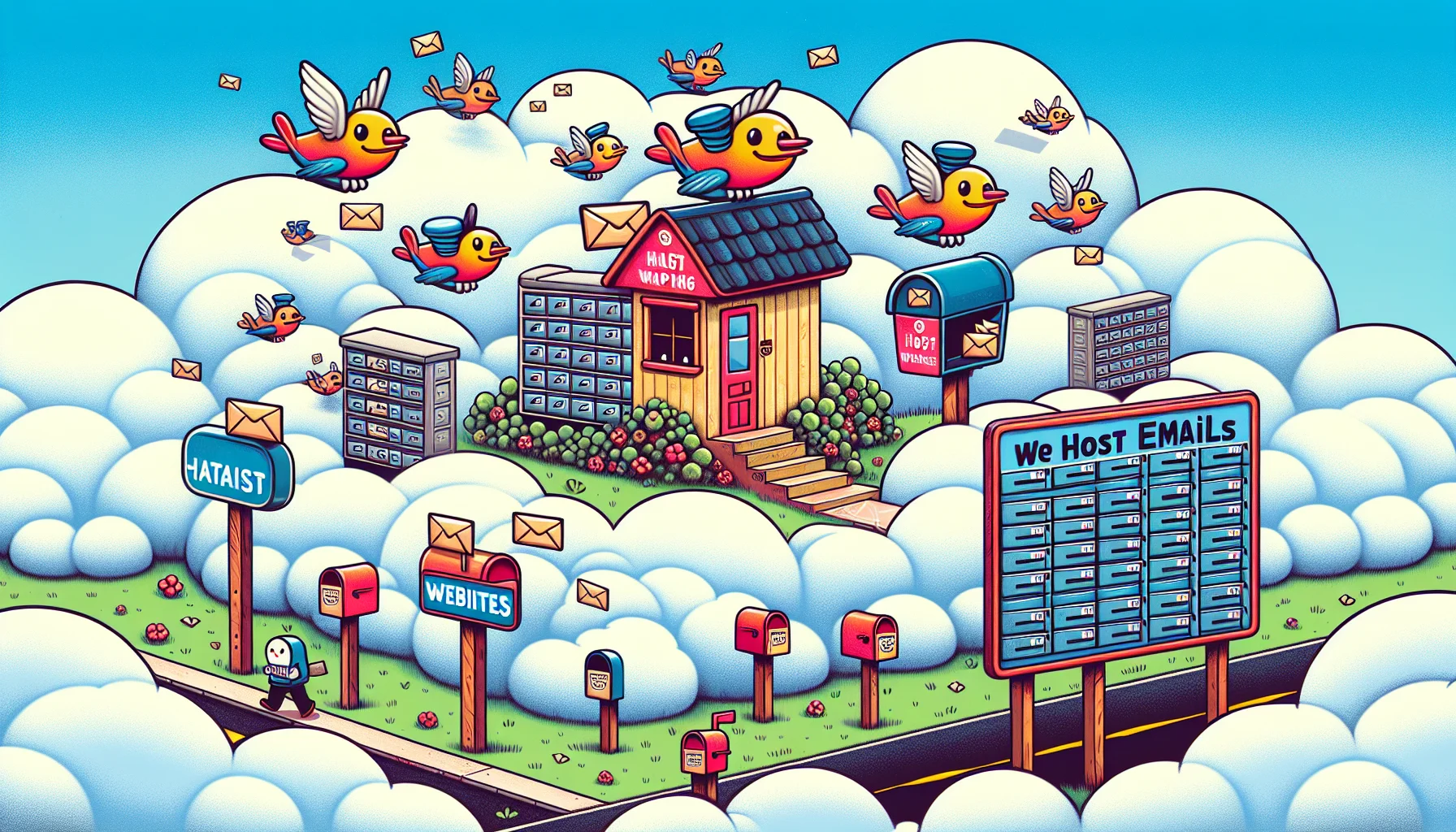 Create a vibrant, humorous illustration of a small, cartoonish post office in the clouds, bustling with mail carrier birds. The birds are carrying envelopes with '@' symbols, representing emails, and are dropping them off in mailboxes labeled with various domain names. There's also a billboard with the words 'We Host Emails' with a smiling mailbox backdrop. On the ground, an identical office exists with the billboard saying, 'We Host Websites', interestingly conveying the concept of email hosting versus web hosting.