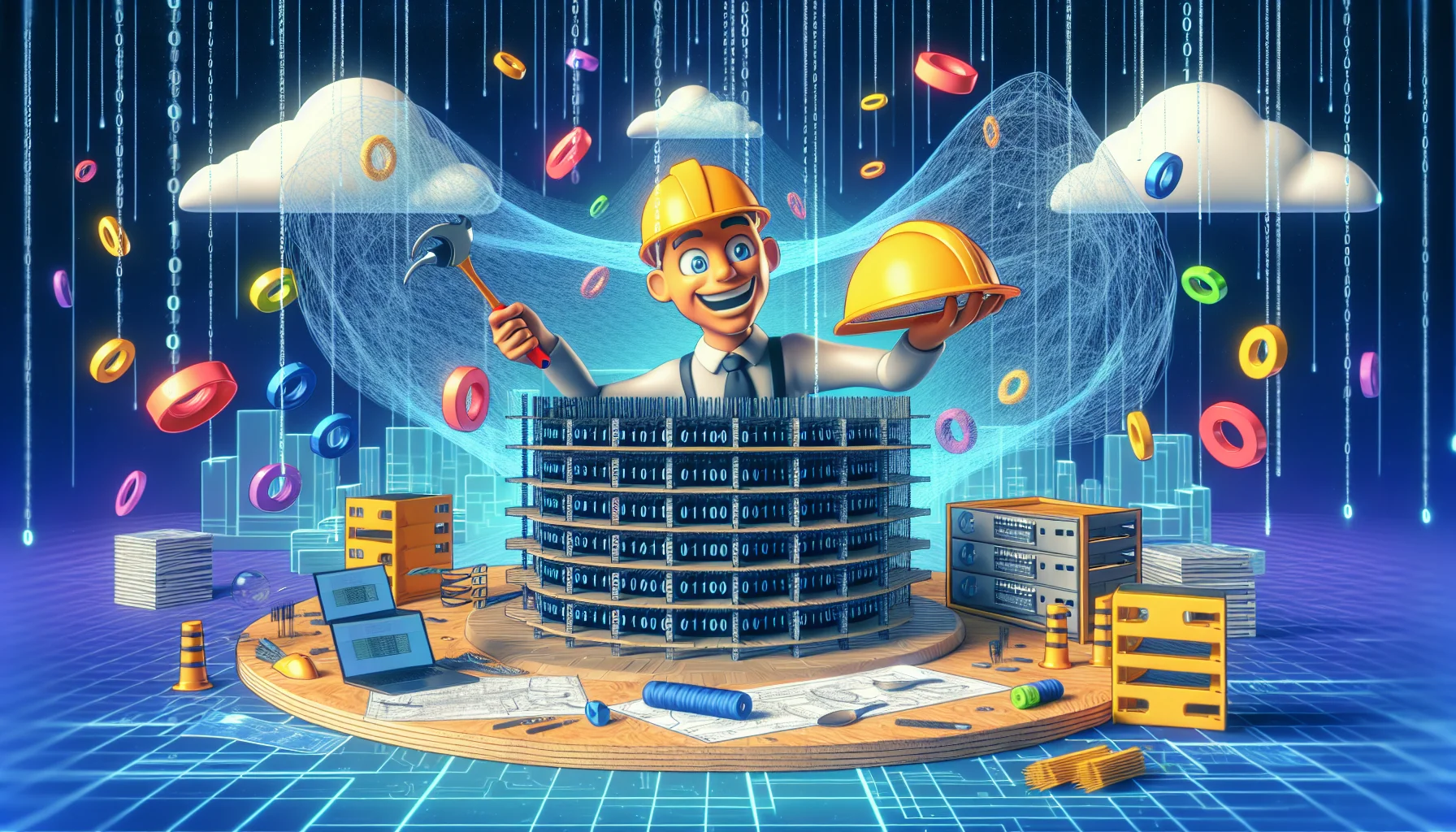 Visualize a comical scene featuring a website builder tool without any branding, portrayed as a character with a jovial demeanor. This character is masterfully constructing a digital web hosting platform, spinning webs made of binary code, with bits and bytes floating around in a setting that is full of vibrant colors. Settings from a construction site are blended in such as hard hats and blueprints but all attuned to the digital theme. Through this fun and playful depiction, viewers should feel enticed about the idea of web hosting.