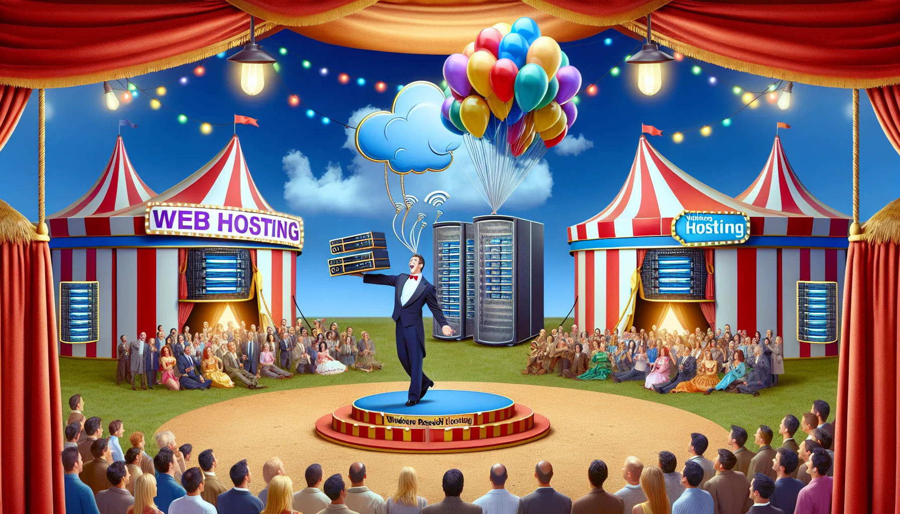 Generate a visually humorous depiction of a web hosting scenario. Show an imaginative and colorful circus scene with a Caucasian male ringmaster animatedly selling 'Windows Reseller Hosting' tickets to a diverse crowd of people. The tickets are elegantly designed to look like miniature servers and toolbox tickets to symbolize 'web hosting' and 'reseller hosting.' In the background, various high-tech tents serve as data centers, with ethernet cables connected to balloons that are floating toward the sky, depicting cloud hosting. Remember to include a sense of lightheartedness and fun to make the concept of web hosting enticing.