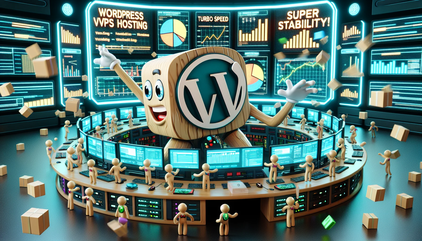 A humorously exaggerated scenario of WordPress VPS hosting. An anthropomorphized WordPress logo, depicted as a friendly, approachable character, is hard at work at a futuristic control center teeming with several hi-tech screens rendering bar graphs, pie charts, and data packets flying in the cyberspace. It is feverishly toggling switches, pressing buttons, playfully juggling data packets. On the screens, 'visitors' symbolized by miniature, cheerful humanoid icons are efficiently being directed to various 'virtual servers', represented as shiny, high-rise digital towers. A big neon sign beams 'TURBO speed, SUPER stability - Welcome to WordPress VPS Hosting!'