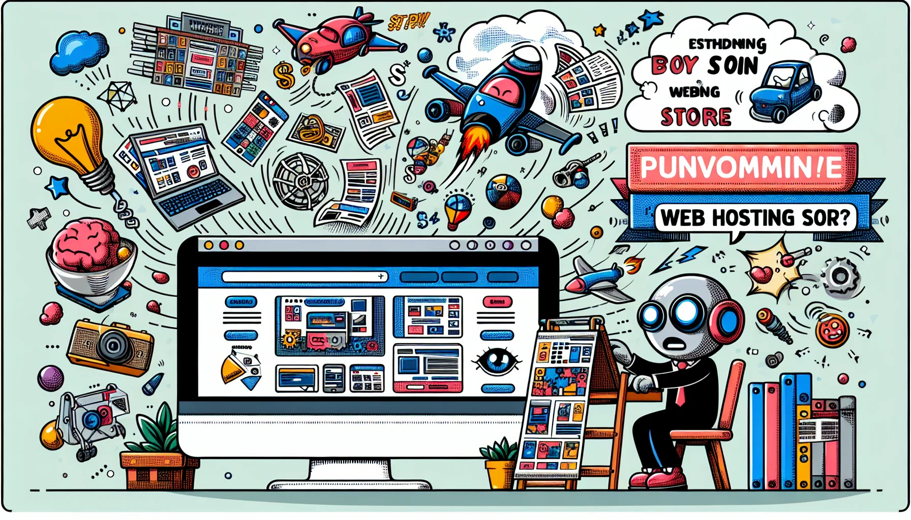 Illustrate a comic scene featuring an AI-powered eCommerce website builder. It humorously experiments with various designs and templates to build an online store, with items flying into place from all corners of the screen. Nearby sits a persuasive banner marketing web hosting services, decorated with humorous catchphrases and playful icons. The entire scene evokes a sense of fun and creativity in the processes of website building and web hosting.