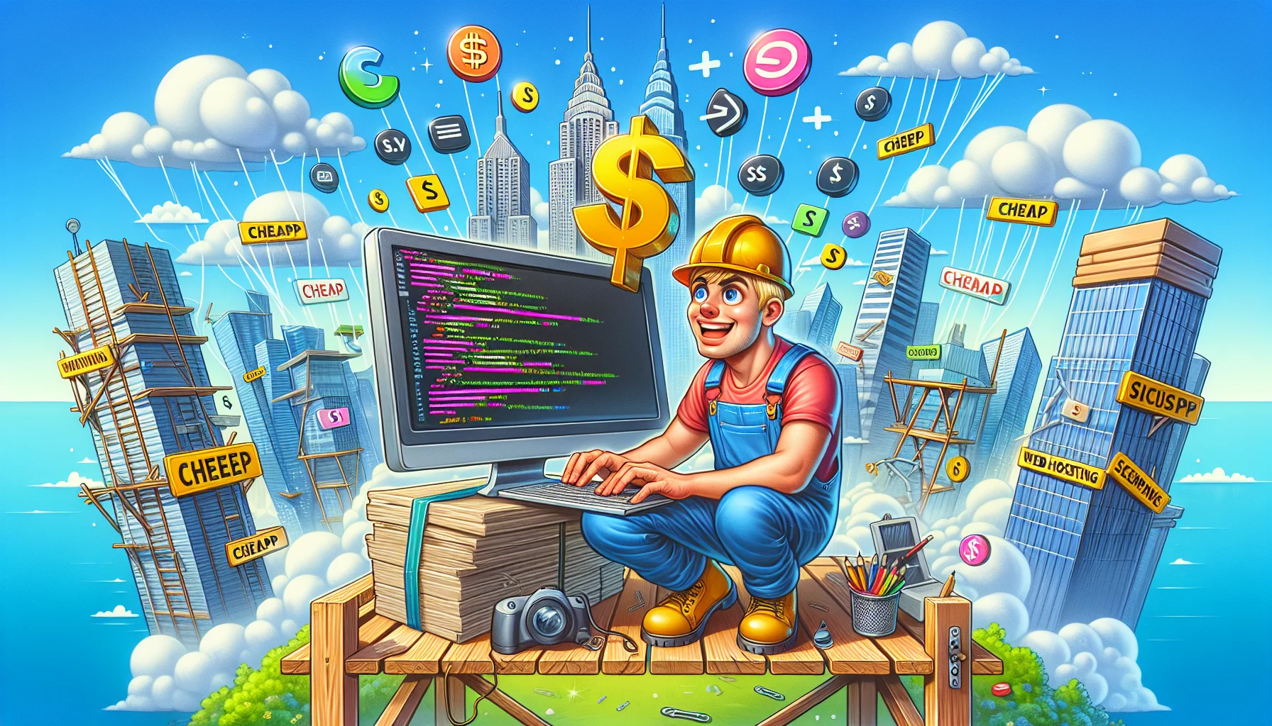 Create a humorous and vivid image showcasing a metaphorical website builder. Imagine this as a cheery construction worker in overalls, wearing a large dollar sign necklace to symbolize 'cheap'. He's furiously coding on a desktop computer placed on a wooden scaffold amidst floating HTML tags and website icons. A beautiful skyline labelled as 'Web Hosting' is in the background, with chart-topping skyscrapers denoting successful websites. The entire scenario is designed to make the concept of web hosting and building a website inexpensive and enticing.