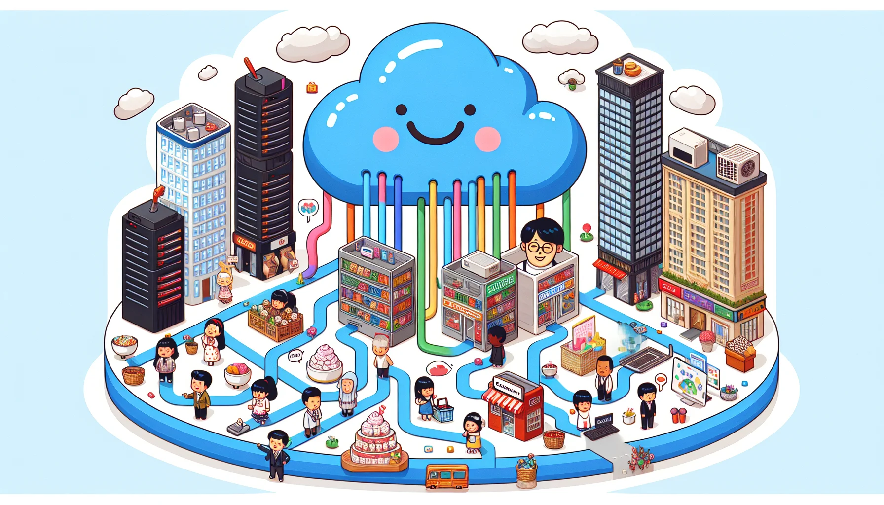An amusing and playful representation of cloud hosting for small businesses. Picture a scene set in a bustling city where buildings are servers and the clouds are a gigantic cloud storage, providing data and resources with various colorful pathways connecting to a diverse range of businesses - A Korean male confectioner with a creative website, a Middle-Eastern female clothing merchandiser with a full-fledged e-commerce portal, a Hispanic youthful video game designer with an interactive webpage. The cloud storage seems to radiate a friendly aura, enticing more businesses to join in.