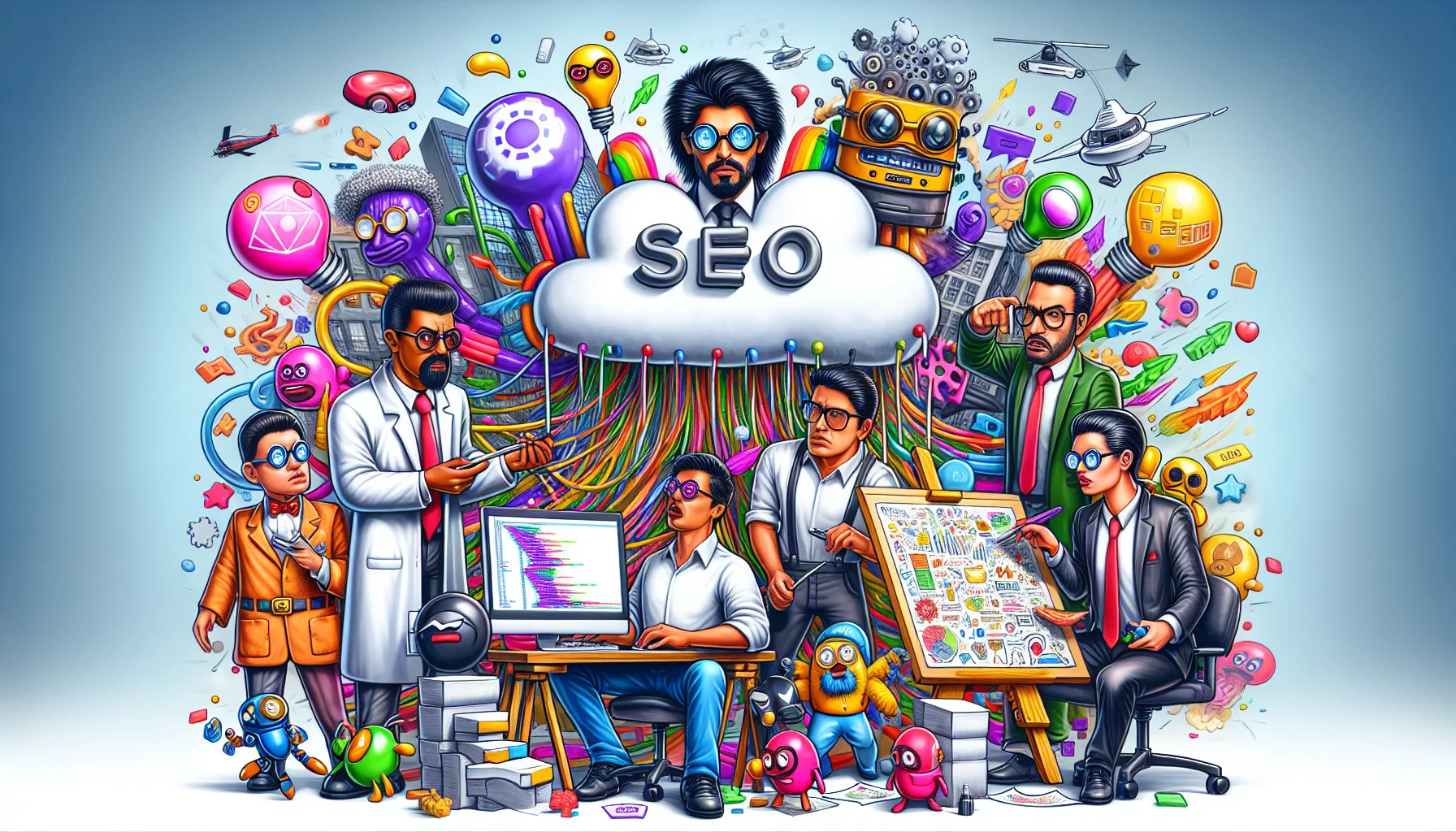 Imagine a humor-driven picture showcasing an ideal SEO website builder. There's a vivid, flamboyant office environment. Several comical characters, each one representing a different aspect of website building and SEO optimization, are present. One is a Middle Eastern female coding whiz with glasses, feverishly working on a computer. Another is a Hispanic male artist who is drawing exquisite designs. The two are preparing the web hosting platform, symbolized by a large, fluffy cloud they’re diligently shaping. The website builder is personified as an expert, a South Asian male, handing out stylish, tech-laden tools to these characters. Tiny digital robots, representing search engine bots, are playfully exploring the scene, adding a touch of whimsy.