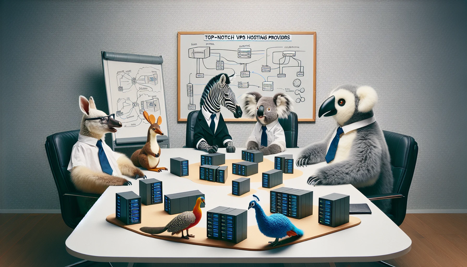 Create a fanciful and humorous scene, envisioning various animals representing 'top-notch VPS hosting providers'. Picture a zebra, a platypus, a koala, and a peacock, all sitting around a conference table holding a discussion. The table is scattered with miniature models of servers and network cables, and there's a whiteboard in the background with complex diagrams. They each wear a pair of glasses and a tie, portray them as animated and engaged in lively discussion, emphasizing lighthearted and enticing aspects typical of a web-hosting scenario.