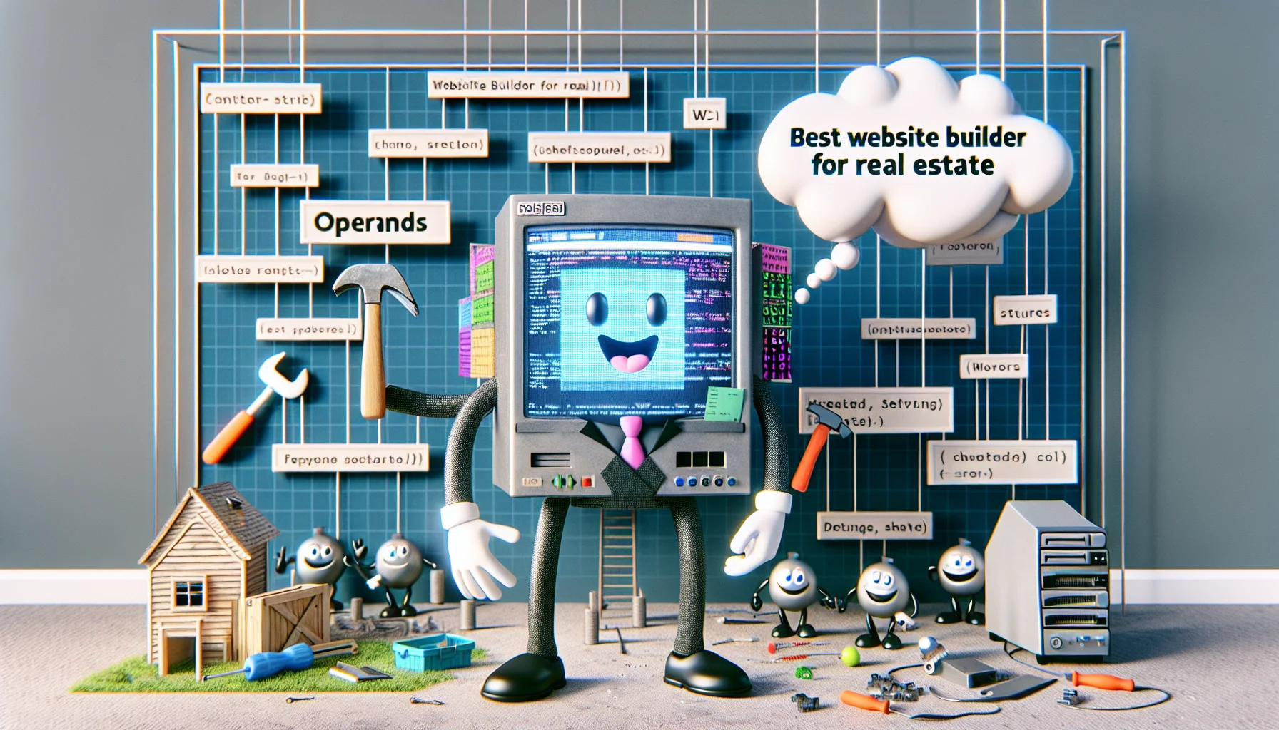 Imagine a humorous setting featuring an anthropomorphic computer character, well-dressed and with a confident smile on its screen-face. In its digital hands, it's holding a variety of building tools, such as a virtual hammer, screwdriver, and wrench somehow crafted from pixels and binary code. This character stands in front of a half-built website that looks like a blueprint of a house, denoting the concept of a real estate website. There are operands, functions, and strings hanging like labels from different parts of the building, indicating the website's construction areas. Underneath this scene, a talking cloud reads 'Best Website Builder for Real Estate' in bold, and there are silly looking server characters queued up nearby, playfully symbolizing web hosting services.