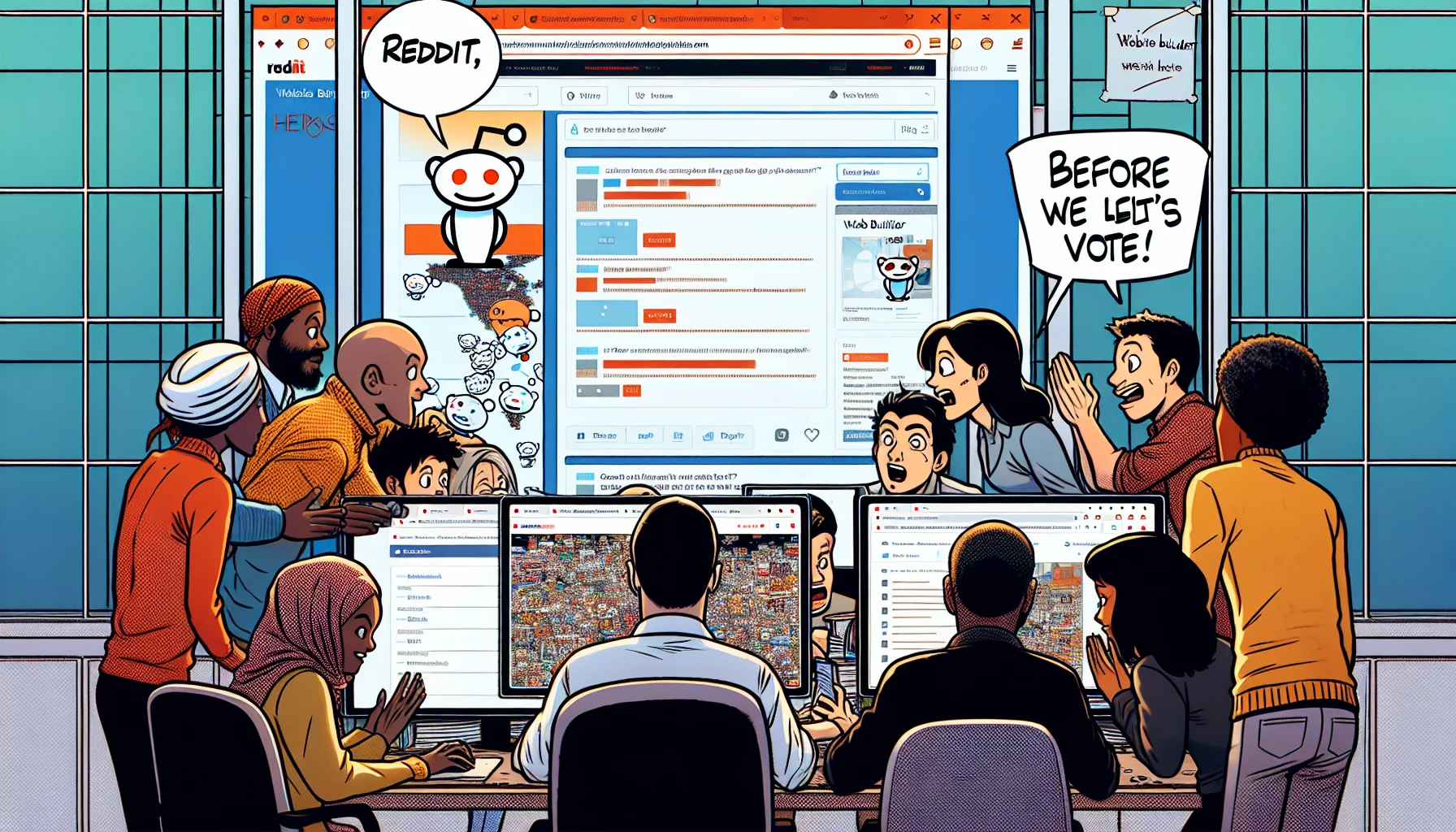 Imagine a comic scene in a busy office setting. A group of characters representing a variety of racial backgrounds, including South Asian, Caucasian, and Black individuals, are huddled around a computer monitor. On the screen, a web page is visible, denoted with a large, noticeable 'Reddit' logo. There are also numerous tabs open showing various website builder tools, indicating their ongoing pursuit of the 'best website builder'. A speech bubble from one of the characters reads, 'Before we host, let's vote!' This evokes playful competition while emphasizing the collaborative nature of web hosting.