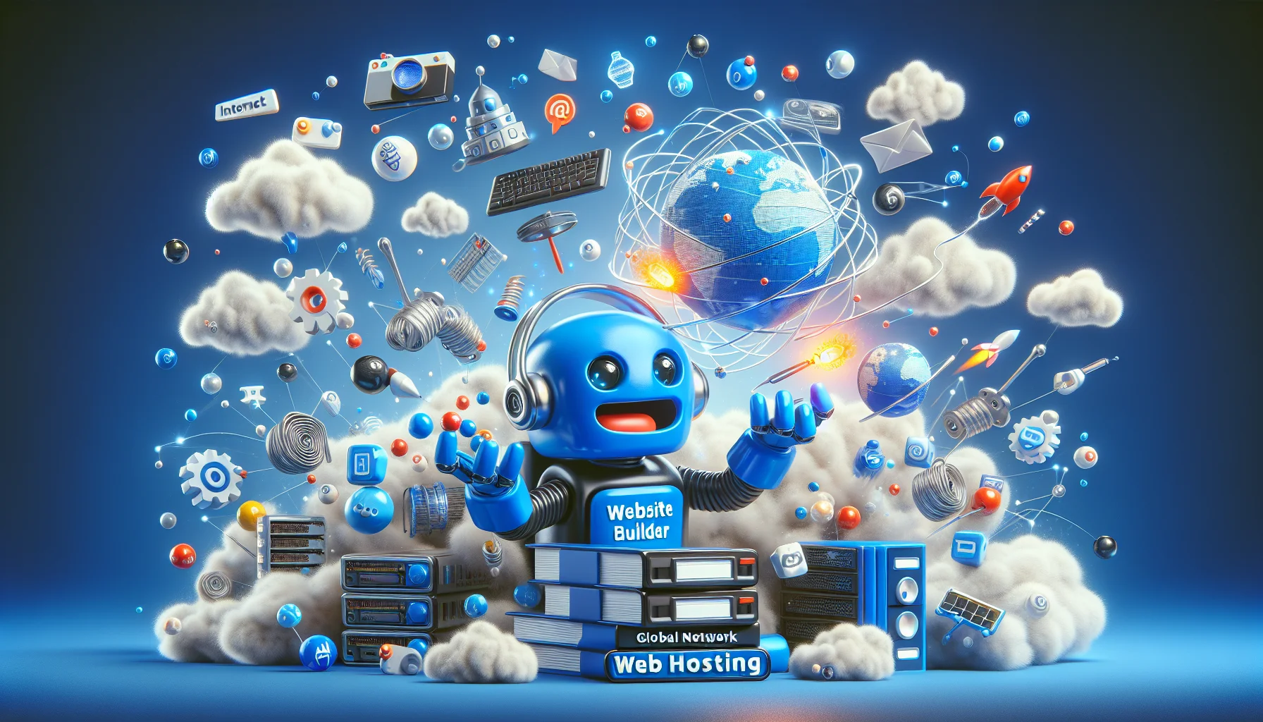 Create a humorous and realistic image that showcases a fictional blue-themed website builder in an interesting scenario enticing web hosting. The builder, characterized by a friendly and playful blue cartoon robot, is using his digital tools to juggle various internet icons (like cloud, global network). The scene is full of light-hearted chaos, with small internet elements seeming to burst out and invite the viewers to join the exciting world of web hosting.
