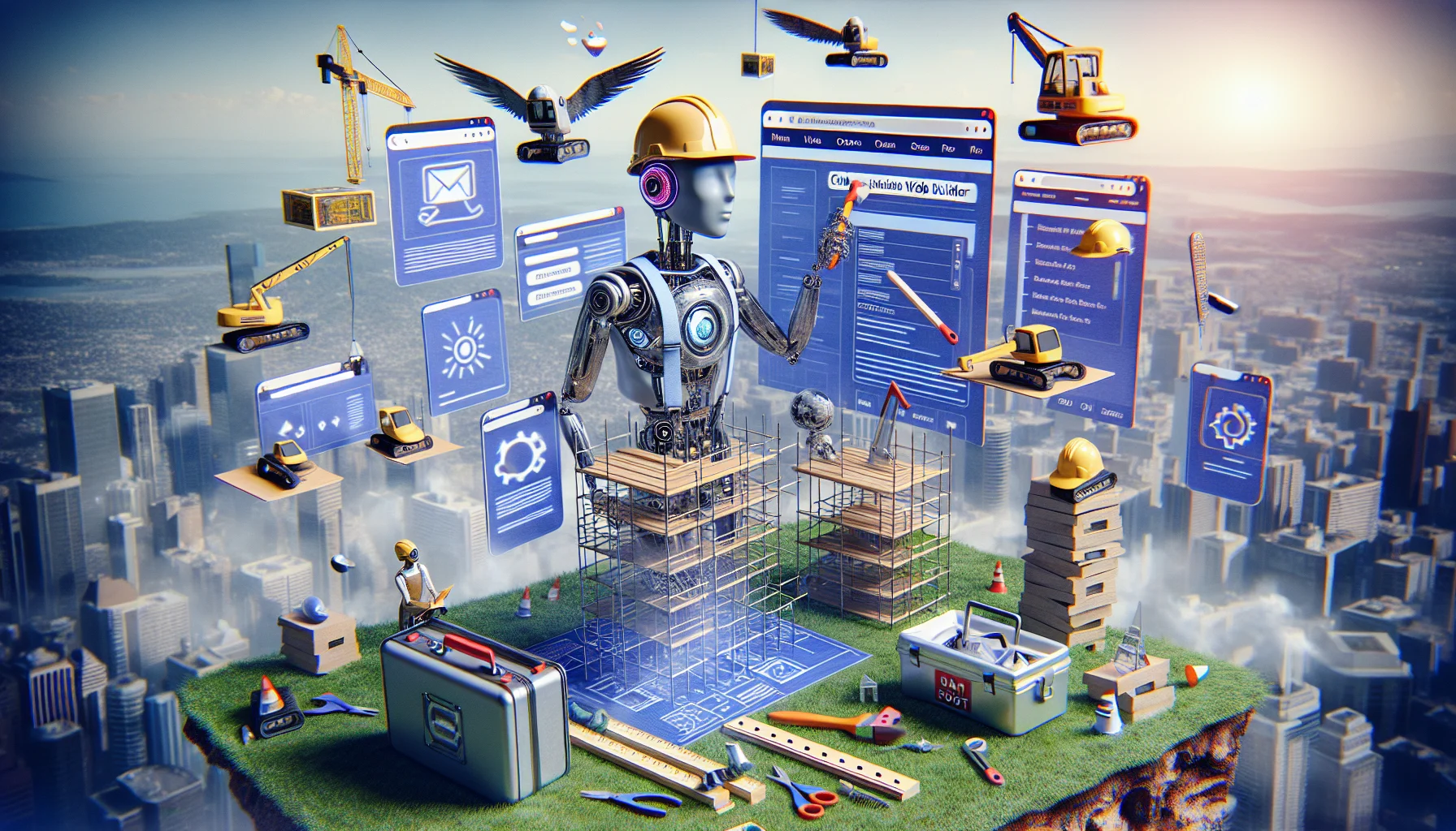 This is an unusual scene: imagine a humanoid AI, gender-neutral and racially unidentified, surrounded by floating elements of a web page: headers, footers, images, and buttons. It's engaged in the seemingly humorous task of constructing a website like a traditional builder, complete with a hard hat, toolkit and blueprint plans labelled 'chat GPT website builder'. It's operating on a floating 'web hosting' platform high above a digital cityscape. The funny juxtaposition of real-world construction with digital web design elements creates a visually enticing scene.