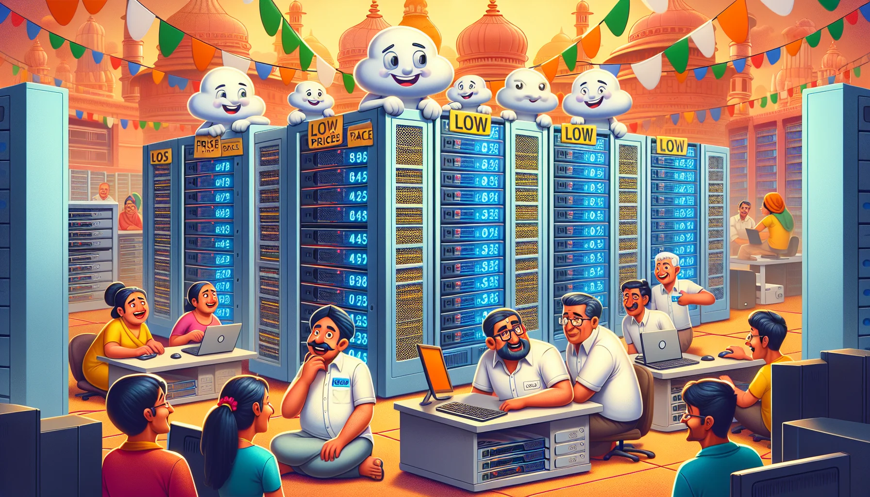 Depict a humorous scenario featuring web hosting in India. Display a number of whimsical, anthropomorphized servers in a bustling server farm that are creatively displaying low prices on their bodies. These servers are eagerly engaging in friendly chatter, symbolizing the ease of communication between servers in a VPS hosting environment. Around them, busy tech workers, an Asian woman and a Caucasian man, are working hard, but also sharing a laugh, reinforcing the light-hearted mood. The backdrop should be filled with vibrant colors and Indian architecture, representing the location of the hosting.