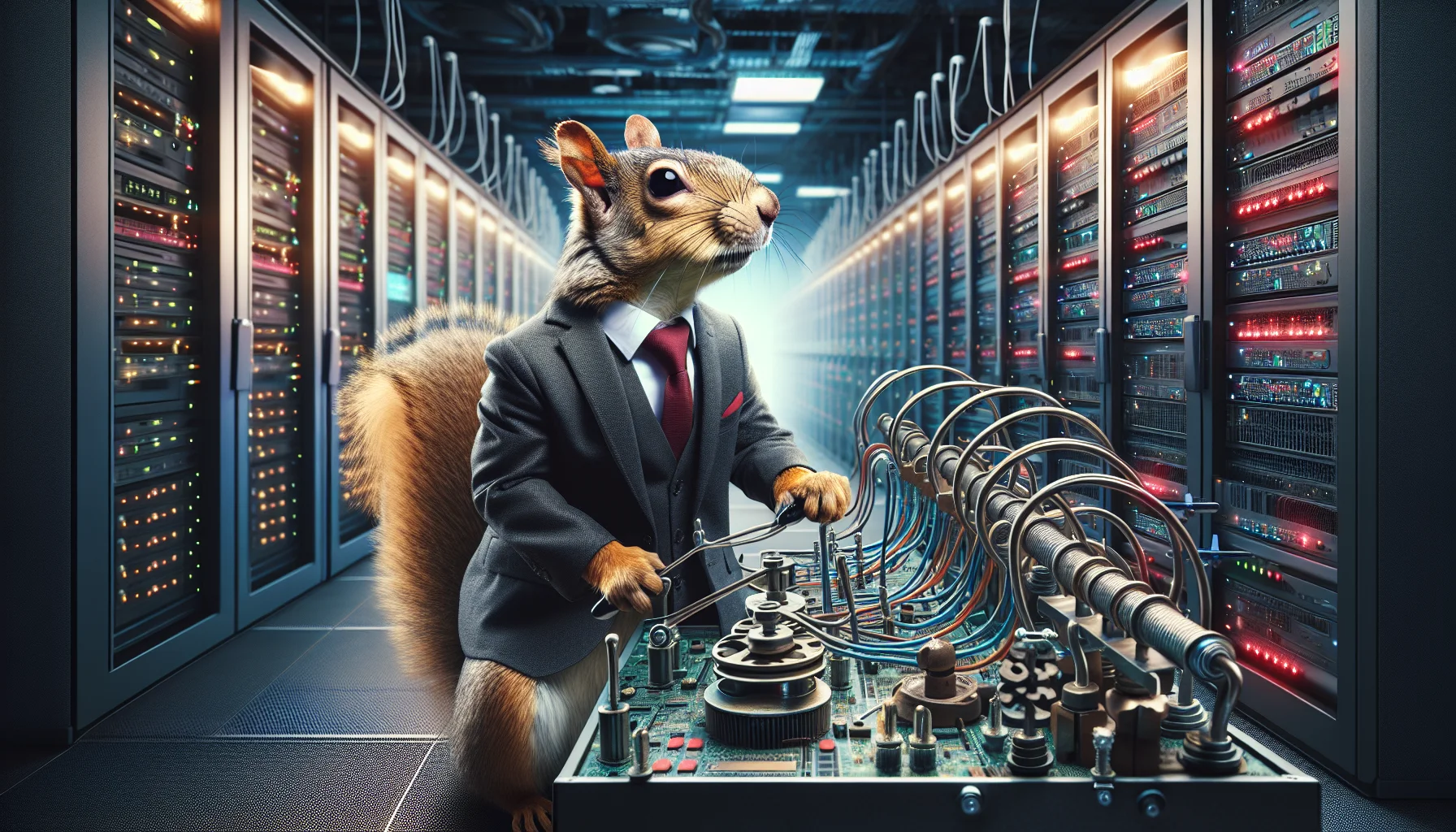 Generate an entertaining and realistic image featuring an alternative to a web hosting control panel. Picture a squirrel, dressed smartly in a business suit, using a complex system of pulleys and levers to manipulate a website. This creative representation of the control panel alternative is set against the backdrop of a bustling web server room filled with glowing screens and humming equipment. The scene is intrinsically amusing, with the squirrel scrabbling around to adjust the various controls effectively, signifying an enjoyable and user-friendly experience.