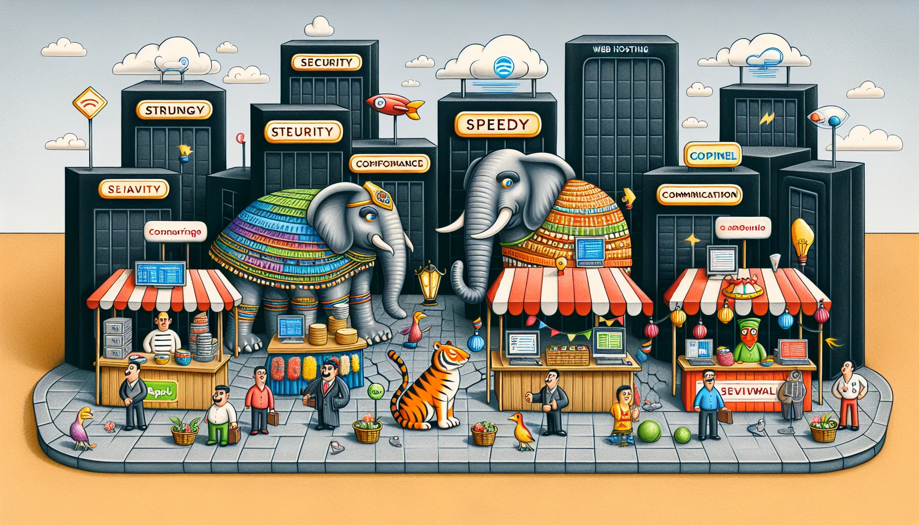 Create a humorous and engaging scene related to web hosting, possibly a bustling marketplace with various stalls each representing different cPanel alternatives. The stall holders could be lively animals such as an elephant, a tiger, and a parrot, admired for their strength, speed, and communication skills respectively, promoting their services energetically. Each stall could have symbols depicting the software's features, for instance, a sturdy shield for security, a speedy rocket for performance, and a genie lamp for easy customization. Contextual elements like internet clouds and server-shaped buildings could embellish the background.