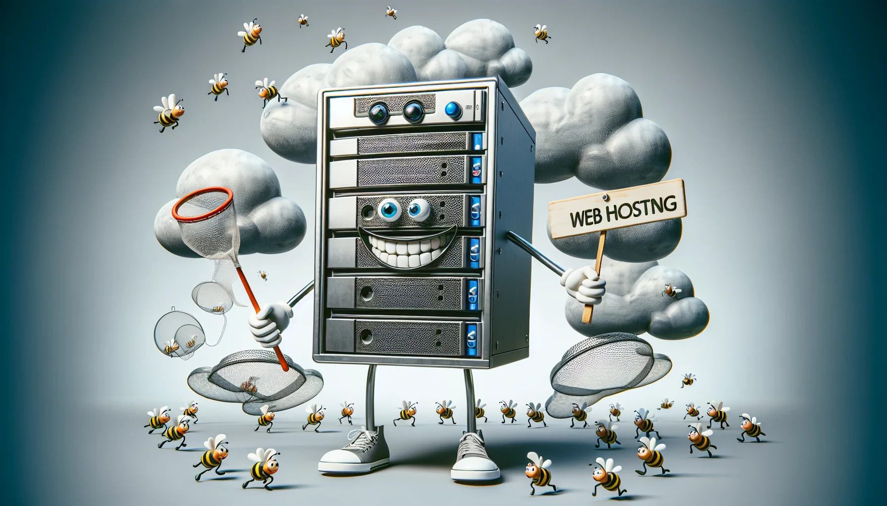 Visualize an eccentric scene based on the theme of web hosting. Focus on a highly detailed, realistic image of a dedicated server, which is personified and stands upright on two legs. It has a panel on the front (signifying the cPanel) that displays a broad smile and eyes full of character. It's holding a 'Web Hosting' sign in one hand and a net in another, playfully suggesting it's ready to 'catch' websites. Surround it with smaller cartoonish clouds, spinning around like busy worker bees, suggesting lightness and speed of the web hosting service.