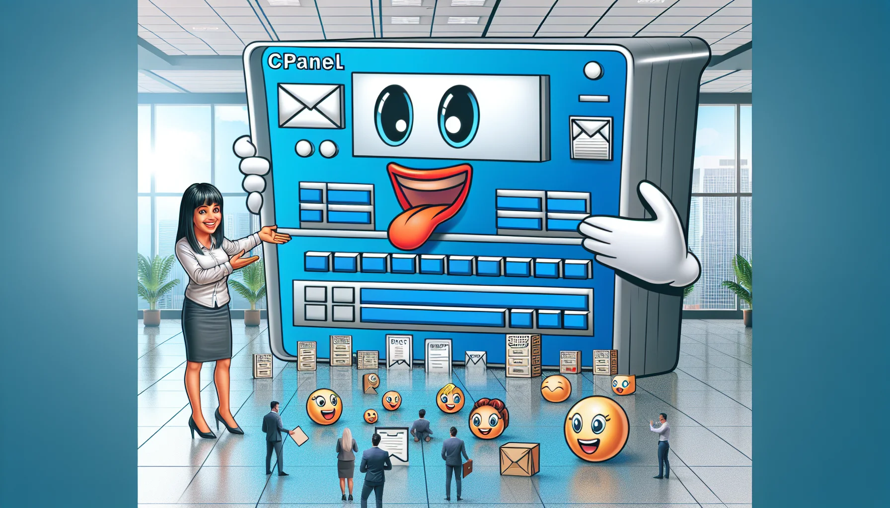 Draw an amusing image that portrays a situation related to cPanel Email Hosting for web. Set the scene in a brightly lit corporate office where a cheerful and smart-looking Hispanic female system administrator is introducing a massive literal cPanel that's five times larger than her. The panel is illustrated as a creative personification of a typical email feature: it has a postbox for a mouth, keyboard keys for teeth, and the cPanel logo on its forehead. Around the floor, depict various website icons depicted as small, interactive creatures seemingly excited to gather around the cPanel. The image should exude an inviting and fun energy, in order to make web hosting services enticing.