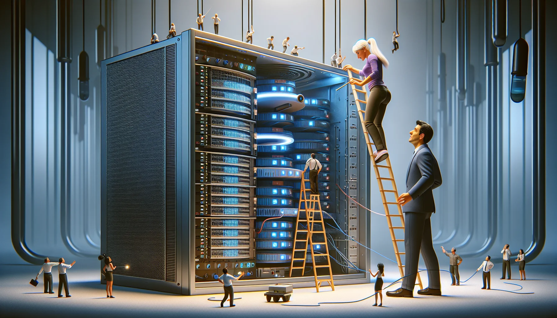Create a humorous, realistic image of a South Asian female, and a Hispanic male IT professional, in a web hosting scenario. They are working together to install a metaphorical, oversized 'cPanel', visually represented as a large, shiny, digital panel with glowing buttons and dials. The hosting server is depicted as a towering, shiny metallic structure, teetering slightly under the weight of the 'cPanel'. The scenario includes tiny virtual people climbing the server with ropes and pulleys to help with the installation, eliciting a vibe of an adventurous installation process.