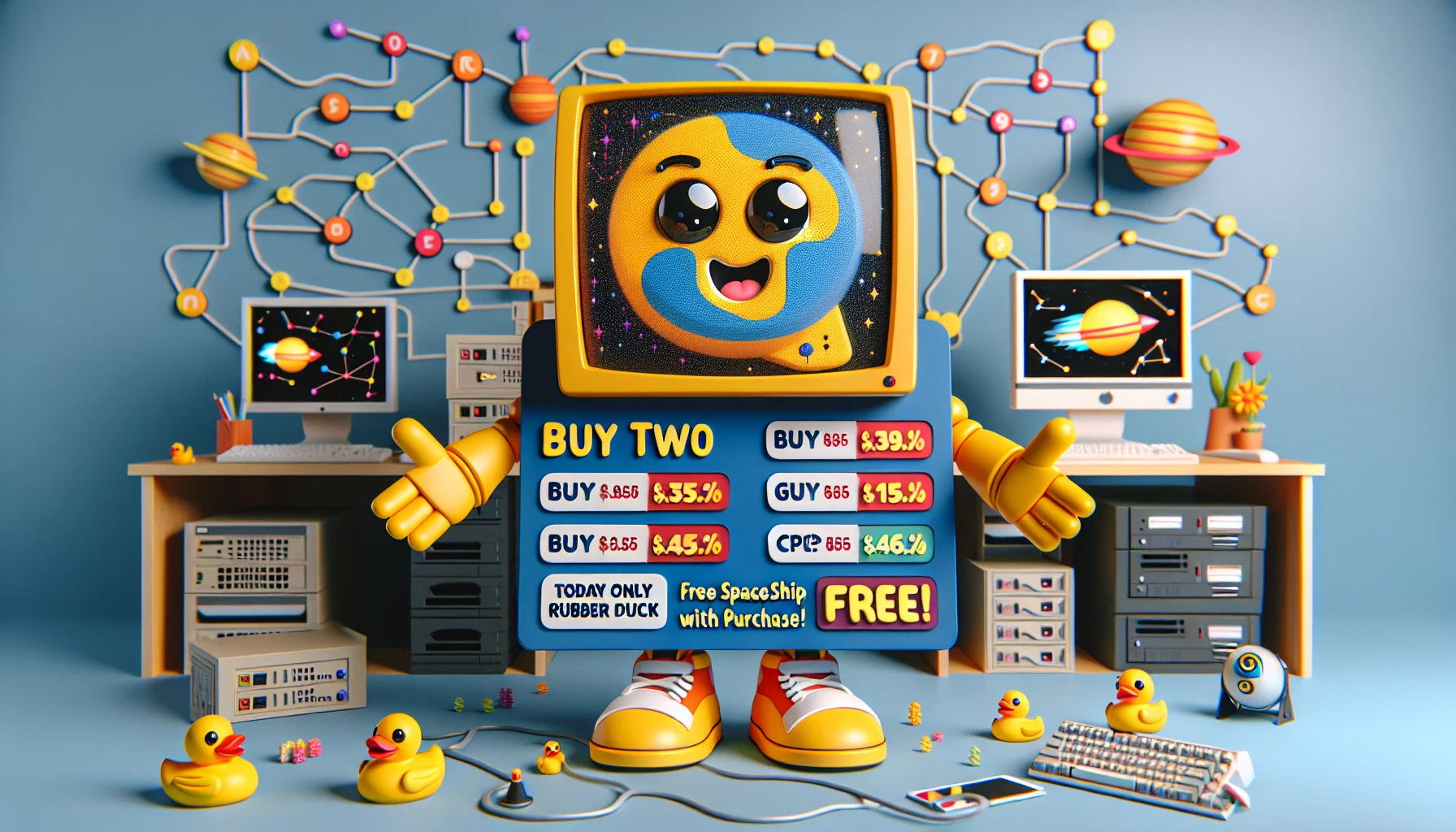 Create a humorous image of a friendly mascot, a cheerful yellow robot with a monitor head, presenting a big, bright, colorful signboard showing cPanel pricing. The signboard is packed with quirky, unexpected discounts such as 'Buy two, get a rubber duck free!' and 'Today only, free spaceship rides with purchase!' The background setting is a playful internet space-themed office environment with desktop computers resembling tiny planets, keyboard sequences connecting like constellation patterns, and cable wires looping around like rocket trajectories.
