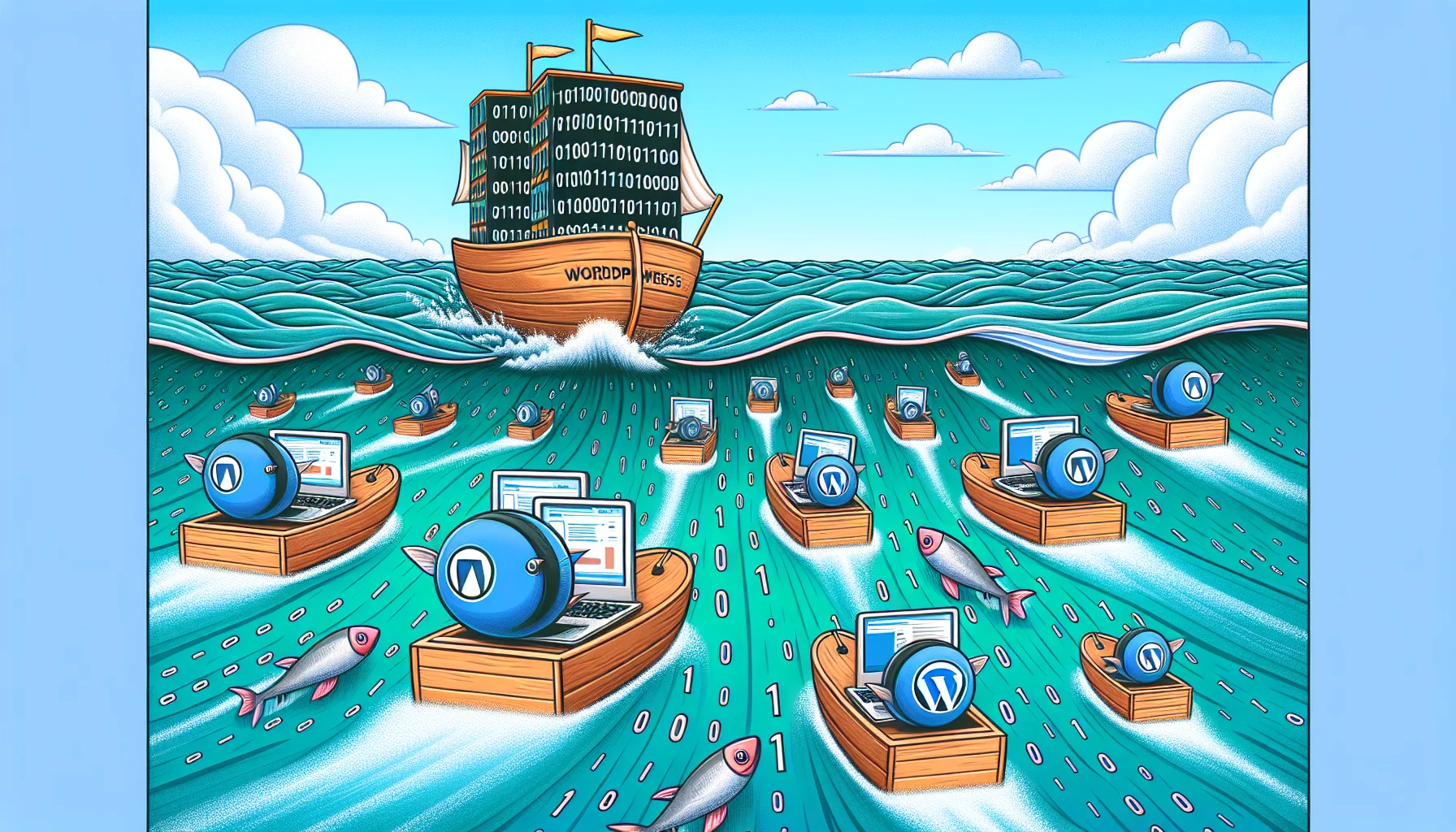 Create a humorous image illustrating the concept of web hosting with DigitalOcean and WordPress. Showcase a metaphorical ocean filled with digital bits and bytes, where small and large sailboats labeled 'WordPress' navigate through the waters. The larger sailboats are equipped with powerful engines indicating the robustness of the hosting. To add a funny twist, picture binary code fish jumping out of the digital waves and using laptops to manage websites. This cartoonish scene should evoke the easiness, effectiveness, and enjoyment of using DigitalOcean for WordPress hosting.