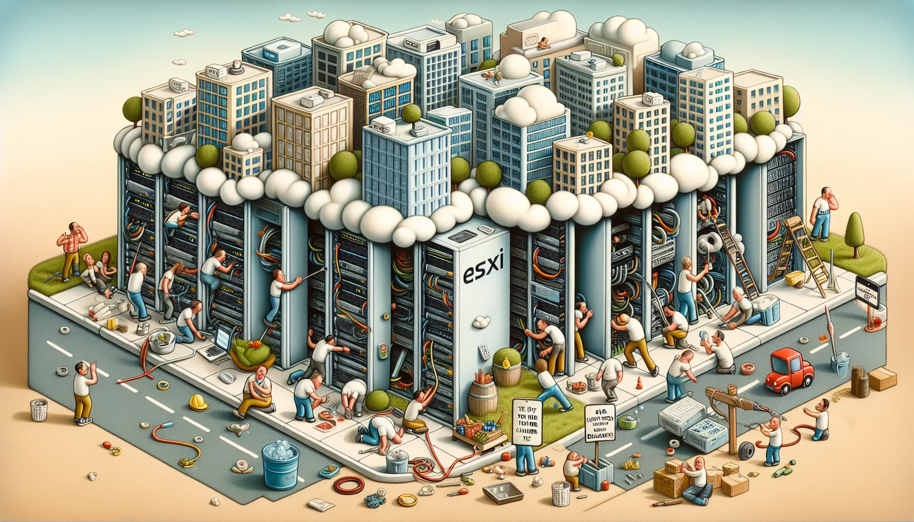 Create a humorous yet realistic representation of ESXi Cloud Hosting. Imagine a sideways cityscape in the cloud, complete with individual buildings representing servers. People of varied descents, such as Caucasian, Black, Hispanic, and so on, are tending to the servers: tightening bolts, lubricating gears and pulling cloud fluffs instead of cables. Some of them are laughing, some are scratching their heads in confusion. Scattered around are peculiar signs like 'This way for unlimited bandwidth' or 'Our clouds never rain - 99.99% uptime'. The overall impression should be playful, whimsical, yet advanced technological infrastructure at the heart of it.