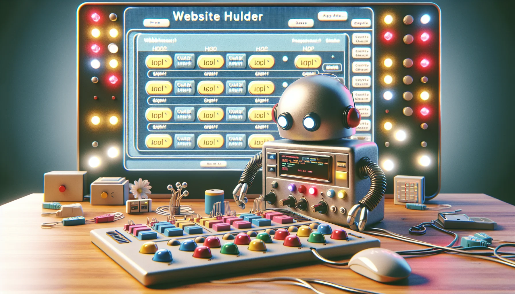 Create a humorous, intriguing image illustrating a web hosting scenario. Visualize a generic website builder platform, resembling early 2000's website designs, with an approachable, friendly robot as the assistant. Let the robot sport a quirky expression while hovering over the control panel, full of colorful buttons and switches, tweaking the website settings. In the background, maybe show light clusters representing data transfer. Remember to capture the fun, yet professional ambience and a few elements nodding towards craft, possibly handmade items dotted around the work area, referencing the spirit of DIY businesses.