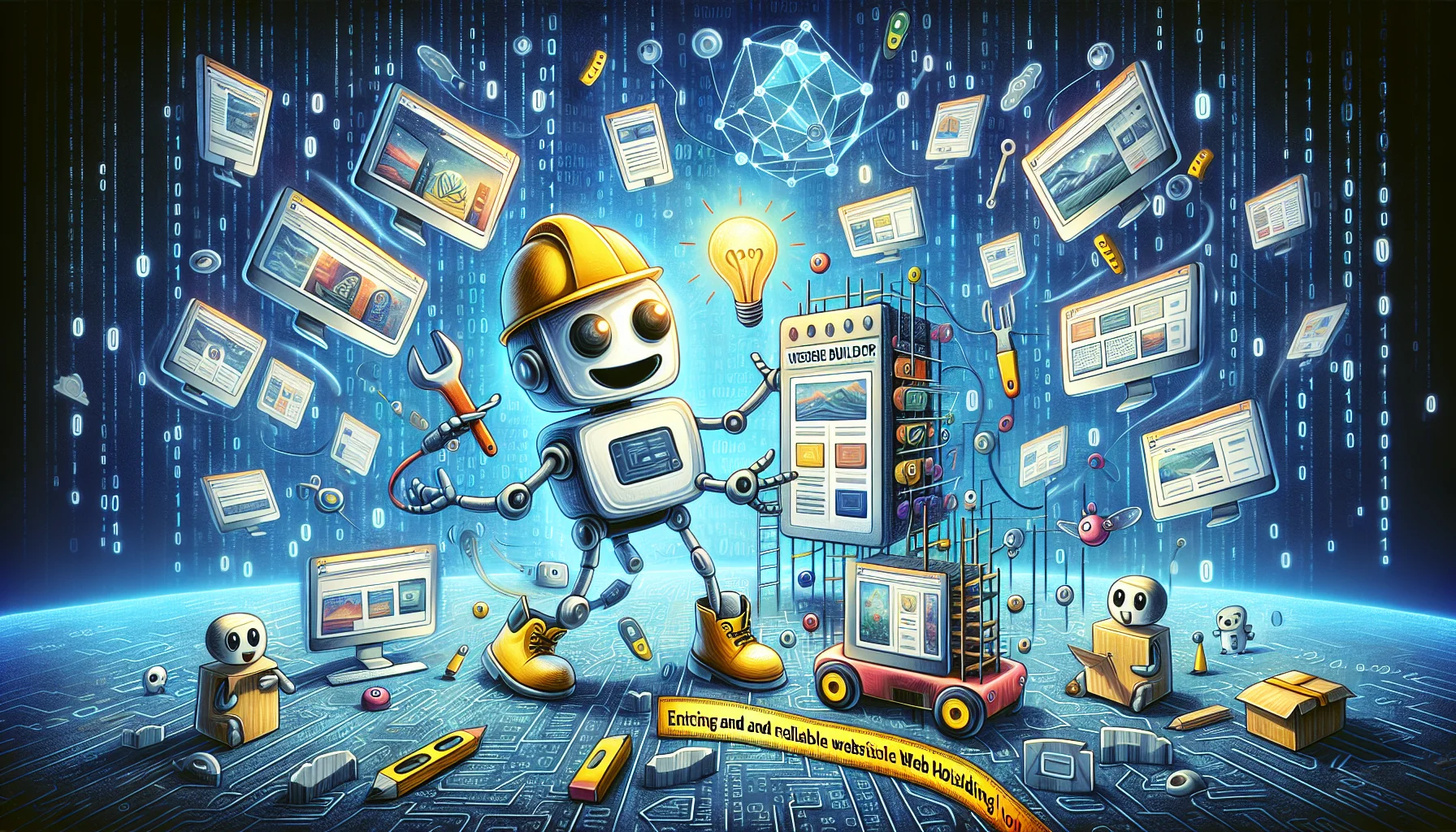 Create a whimsical image representing an abstract AI website builder at work. The AI, depicted as a friendly robot, is juggling multiple websites in different stages of construction. Emphasize the comedy by adding humorous elements: the robot could be wearing a hard hat and work boots, and one of the websites could be shaped like a playful animal. The backdrop can exhibit an enchanting digital environment replete with binary code and network signals. Include subtext that reads 'Enticing and Reliable Web Hosting'. Make sure the overall image prompts laughter and intrigue, emphasizing the fun, yet professional nature of web building.