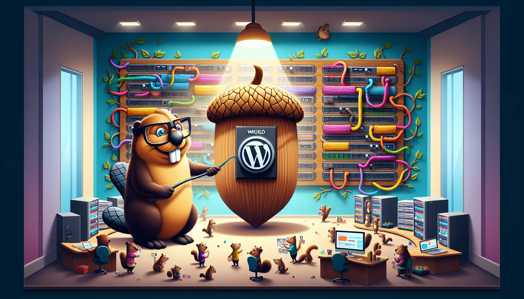 Envision a humorous scenario that represents a symbolic form of a managed WordPress hosting. Imagine, a giant symbolic switch being turned on by an anthropomorphic, jovial beaver wearing glasses, indicating the activation of the hosting services. He stands in a control room filled with blinking servers and intricate networks represented using colorful yarns where little helper squirrels are industriously managing the operations. On the wall, you see a stylized representation of a fast-forward symbol made of vines to hint at the high-speed connectivity this service promises. This entire setup is nestled cozily inside a giant acorn, cleverly symbolizing fortification, reliability and 'nature-infused technology'.