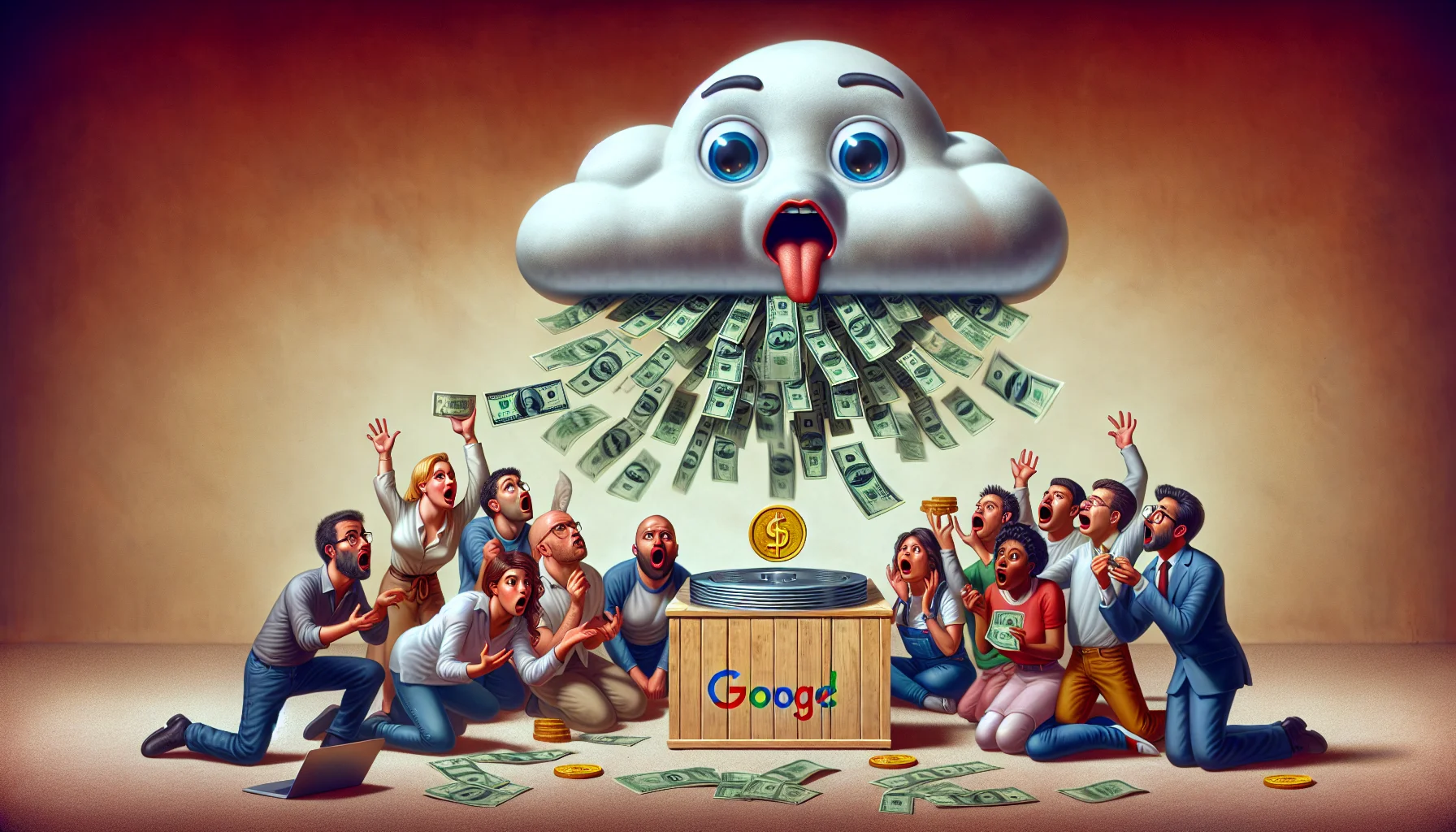 Create a humorous, yet realistic art composition that showcases the concept of the cost of Google Cloud hosting for web applications. Imagine a scene where multiple anthropomorphic cash bills are being sucked into a large, glowing cloud symbolizing Google Cloud. Amidst this, a group of surprised and bewildered web developers, both male and female, from various descents (Caucasian, Hispanic, Black, Middle-Eastern, and South Asian) watch agape, holding their laptops and computers. One developer is optimistically holding out a tiny coin to the cloud, exhibiting a sprinkle of hope in the absurdity.