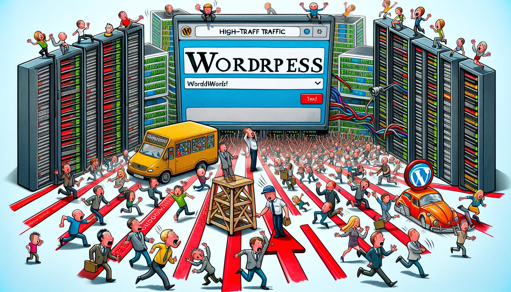 Imagine an amusing scenario showcasing high-traffic WordPress hosting. There is perhaps a cartoon-style depiction of a server room, with visible website tabs humorously labelled 'WordPress'. Convey the chaos of high traffic in a friendly manner. Perhaps there are tiny illustrated people representing users excitedly running through the image, with different genders and descents such as Caucasian, Hispanic and Middle-Eastern, adding unique elements into this digital landscape. One person might be trying to direct this wild traffic with a big semaphore, symbolising efficient web hosting. Make sure this picture is colourful, lively and fun, enticing one to host their site here.