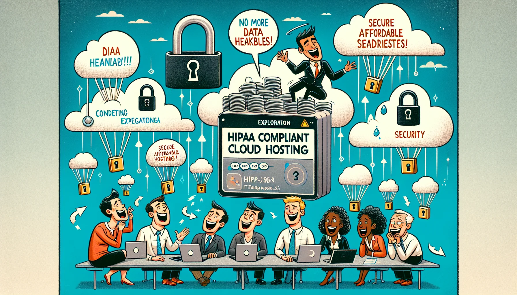 Create a humorous and enticing image displaying HIPAA compliant cloud hosting. The scene should be an imaginative representation of the internet, where nimble clouds with locks signifying security are floating. Exploration data packets designed as mini parachutes are dropping into these clouds. There's a line-up of diverse, cartoonish individuals representing decision-makers from a variety of businesses. A Caucasian male IT manager is laughing out loudly at a prompt on his device screen reading 'No more data headaches!'. Meanwhile, a black female CEO is looking intrigued at her device screen flashing 'Secure and affordable hosting!'