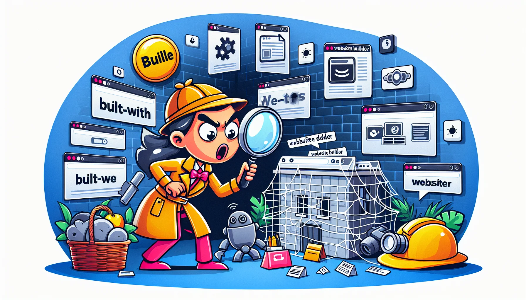 Illustrate a humorous scenario that depicts a detective-themed, animated character exploring various website elements to uncover the mystery of the website builder used to construct it. She is surrounded by tell-tale signs like a built-with logo and website templates hidden in corners, where she uses ingenious tools - maybe a magnifying glass or a web-spidery robot. The entire scene is set in a room designed to resemble cyberspace, peppered with symbols representing popular website builders. Add an air of fun and excitement to appeal to web hosting enthusiasts.