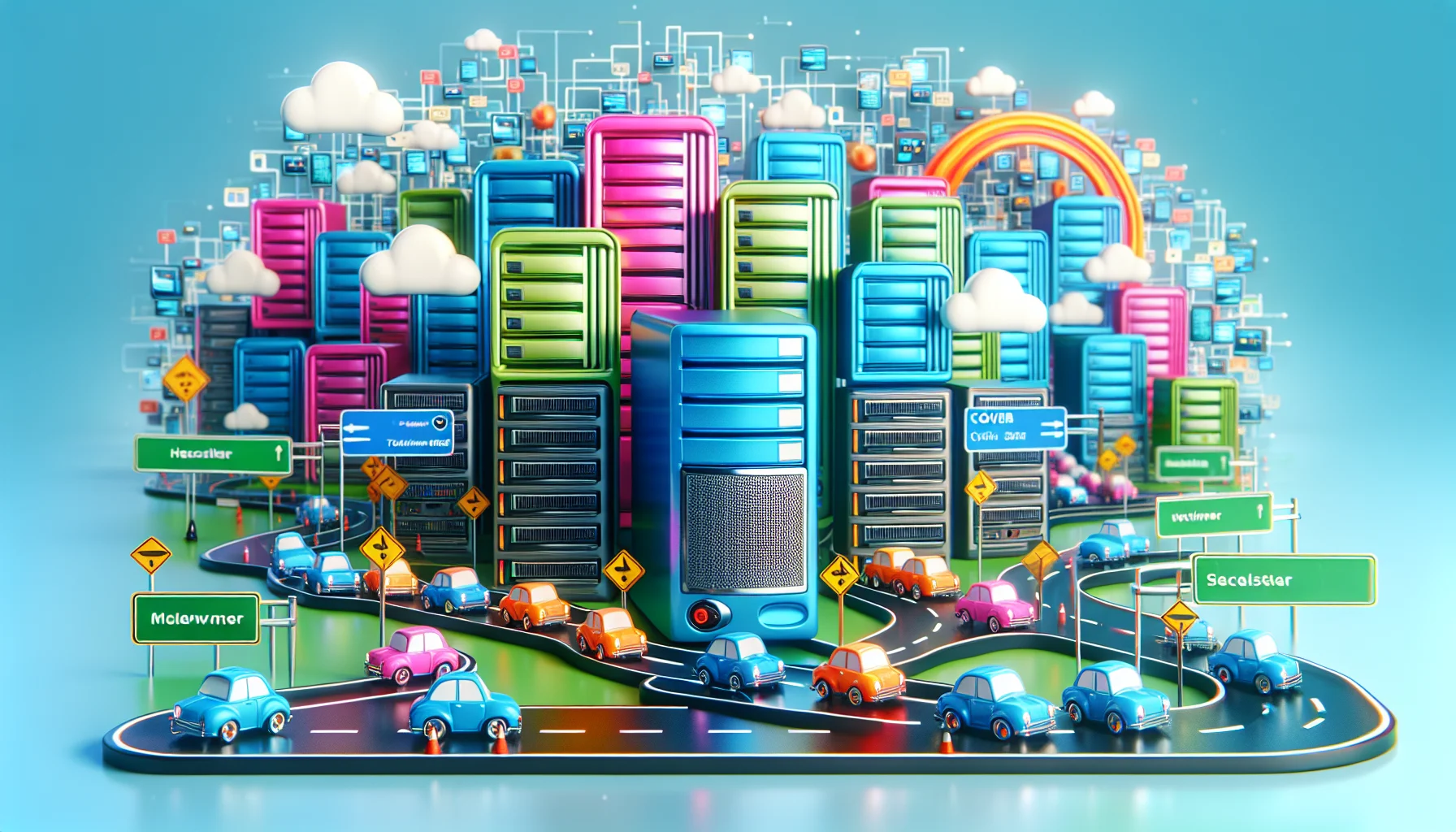 Create an innovative and playful scene showcasing the concept of reseller hosting. The scene could have multiple data servers represented as vibrant-colored, large metallic boxes, constantly on the go on tiny wheels, busily hosting websites. There might be road signs and traffic signals directing them. A supercomputer, symbolizing the reseller, could be seen handling the traffic with ease while appearing overwhelmed in a humorous way. A backdrop of an abstract internet cityscape further sets the mood. This scene alludes to the efficiency and dynamism of inmotion reseller hosting service.