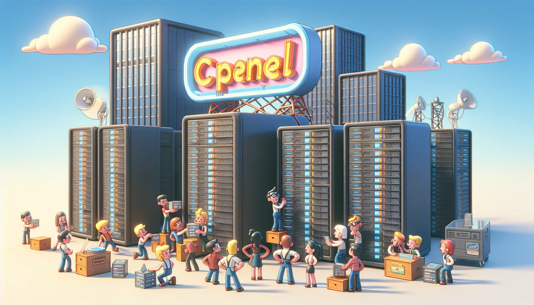 Create a detailed and humorous scene featuring a cartoony web hosting setting. It includes computer servers shaped like tall, modern buildings. Each server is labeled confidently with website names. A group of animated, diverse characters, each with different descent and gender are busily installing a large, glowing sign labeled 'cPanel'. The sign is eccentric and whimsical, sparking the interest of the characters. The mood of the scene is light-hearted and enticing, capturing the spirit of easy and engaging web hosting.