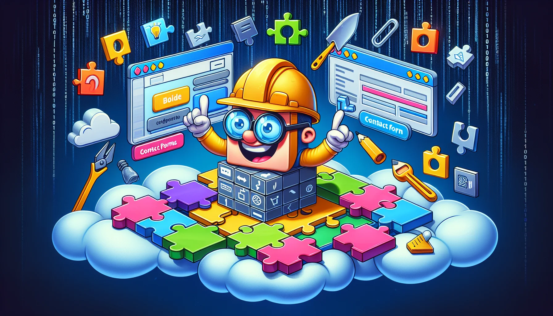 A humorous scene depicting a low-code website builder platform. Imagine the platform interface as a cartoon character with a construction hat, glasses, and a broad smile, designing a website with ease and speed. The character is surrounded by website components like text blocks, image galleries, navigation menus, contact forms, all represented as colourful puzzle pieces which it fits together effortlessly. All this is happening on a floating cloud, hinting at the concept of web hosting. In the background, a digital sky with binary code raining down, symbolizing the online environment.